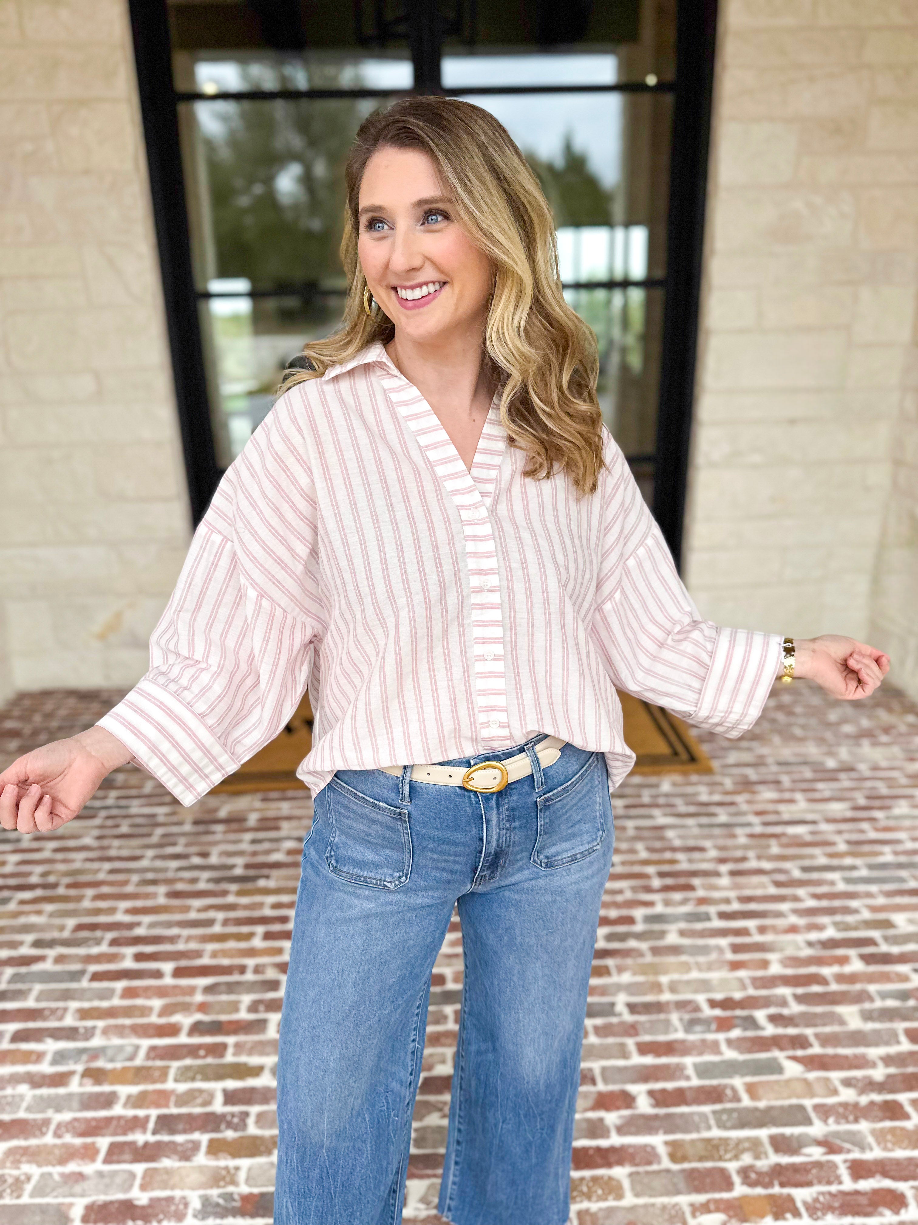 Comfy Coastal Button Down - Pink-200 Fashion Blouses-IN FEBRUARY-July & June Women's Fashion Boutique Located in San Antonio, Texas