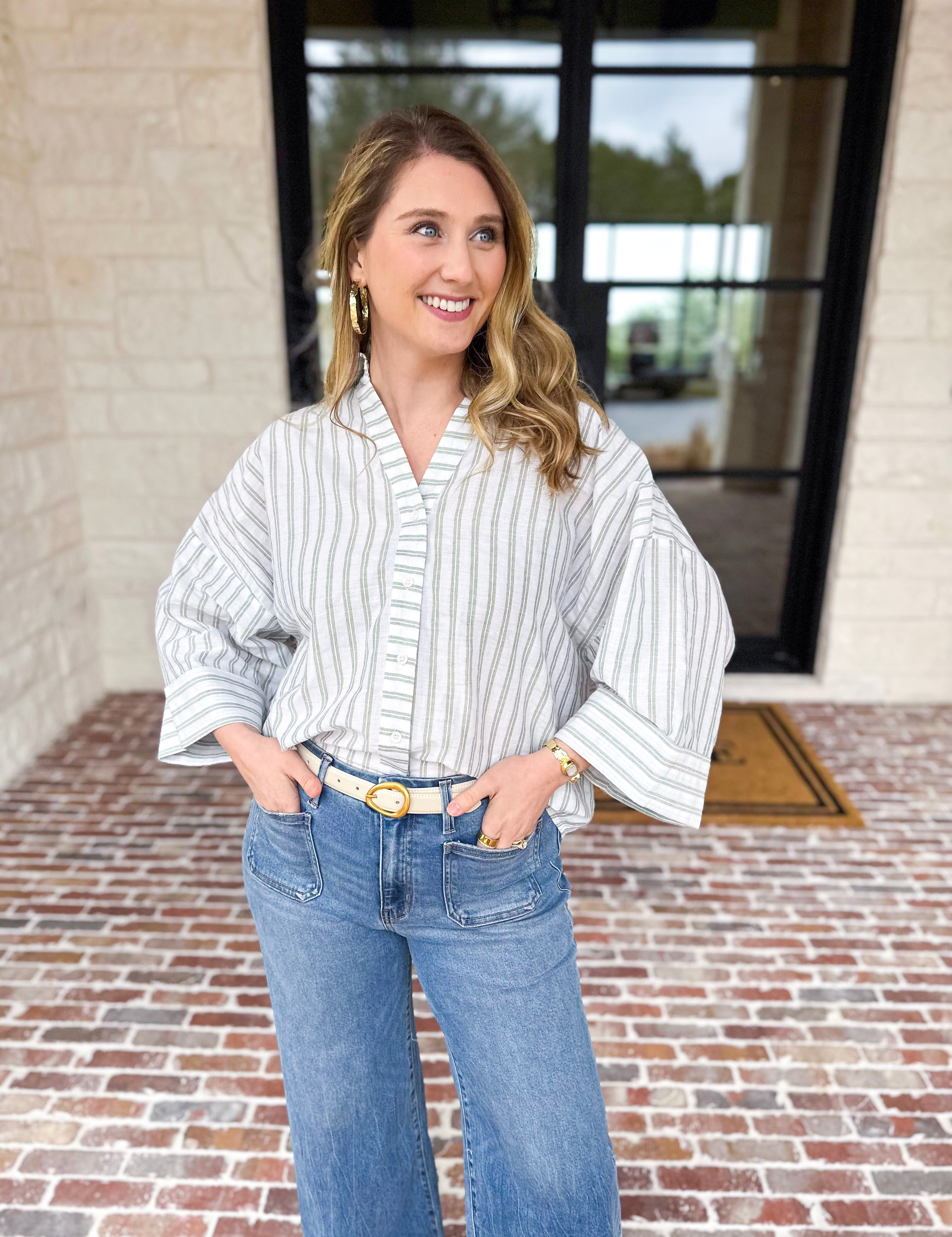 Comfy Coastal Button Down - Sage-200 Fashion Blouses-IN FEBRUARY-July & June Women's Fashion Boutique Located in San Antonio, Texas