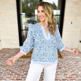 Light Blue Floral Blouse-200 Fashion Blouses-STRUT & BOLT-July & June Women's Fashion Boutique Located in San Antonio, Texas
