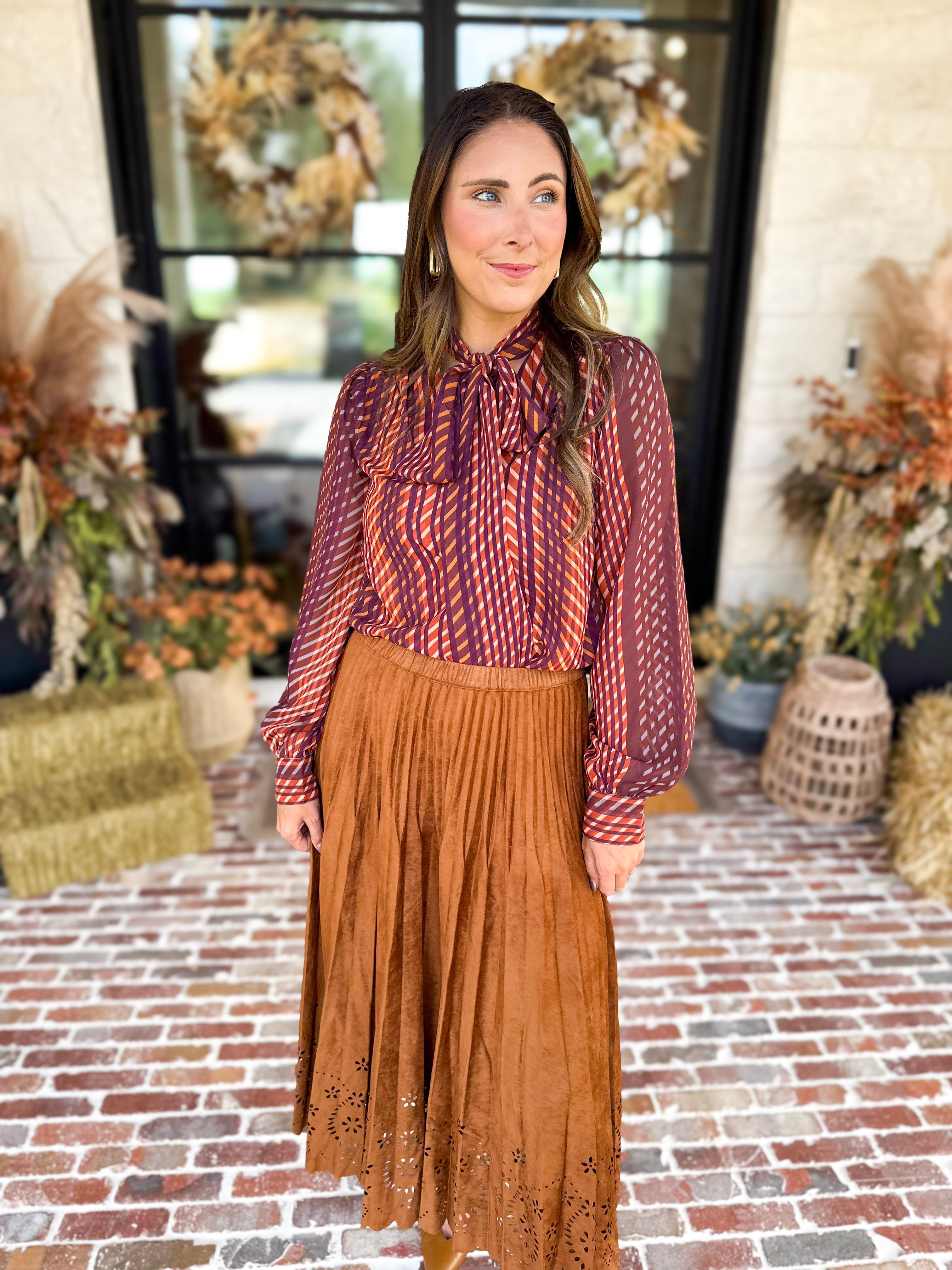 Liverpool - Fall Afterglow Neck Tie Blouse-200 Fashion Blouses-LIVERPOOL JEANS COMPANY-July & June Women's Fashion Boutique Located in San Antonio, Texas
