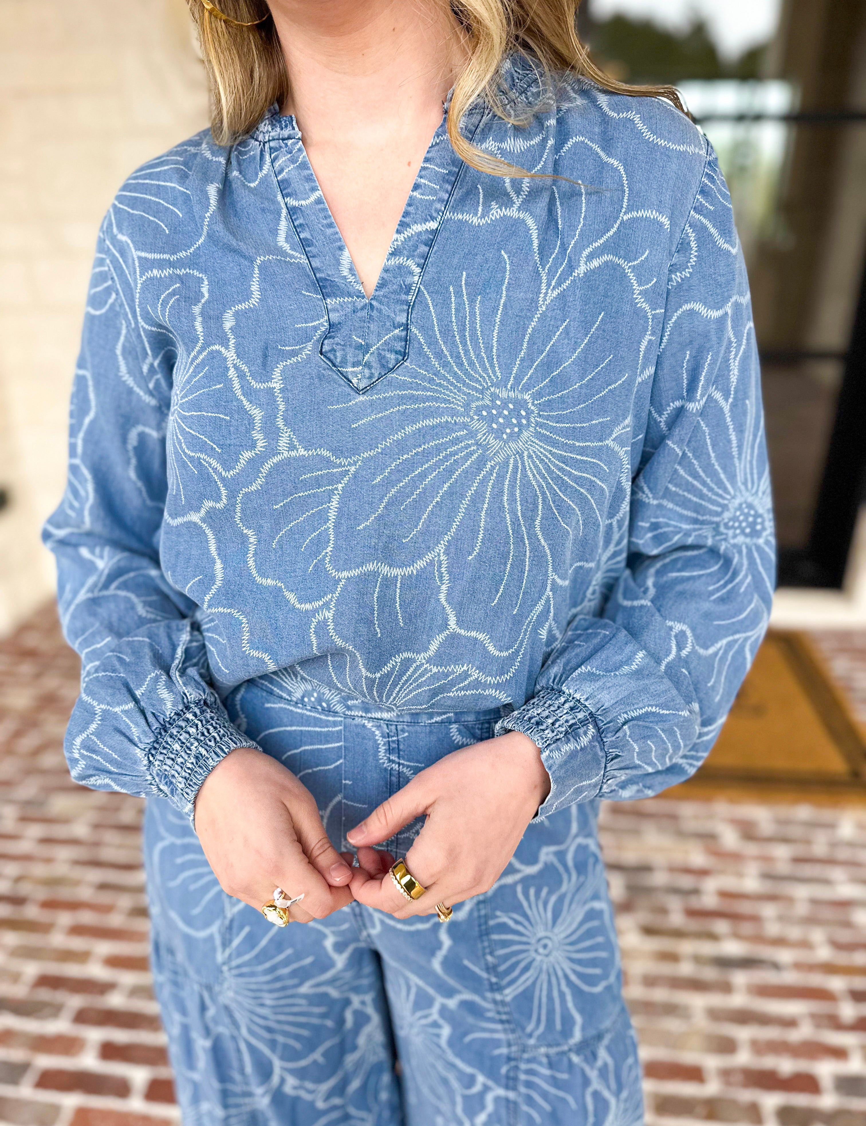 Current Air - Floral Chambray Blouse-200 Fashion Blouses-CURRENT AIR CLOTHING-July & June Women's Fashion Boutique Located in San Antonio, Texas