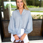 Breezy Gingham Blouse - Dusty Blue-200 Fashion Blouses-FATE-July & June Women's Fashion Boutique Located in San Antonio, Texas