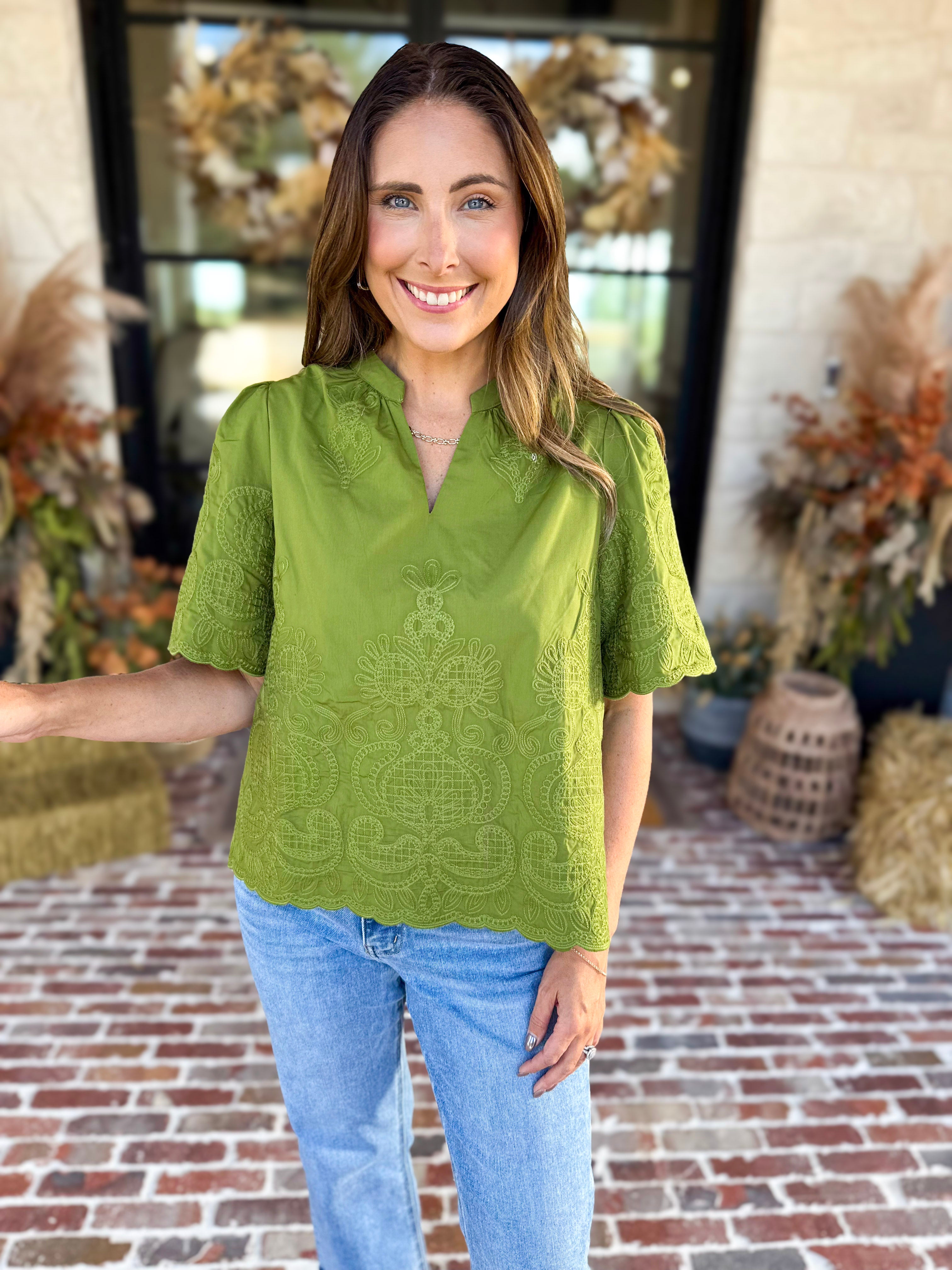 The Brunch Blouse - Avocado-200 Fashion Blouses-ENTRO-July & June Women's Fashion Boutique Located in San Antonio, Texas