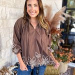 Maya Floral Stitch Blouse - Mocha-200 Fashion Blouses-ENTRO-July & June Women's Fashion Boutique Located in San Antonio, Texas