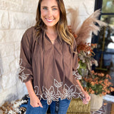 Maya Floral Stitch Blouse - Mocha-200 Fashion Blouses-ENTRO-July & June Women's Fashion Boutique Located in San Antonio, Texas