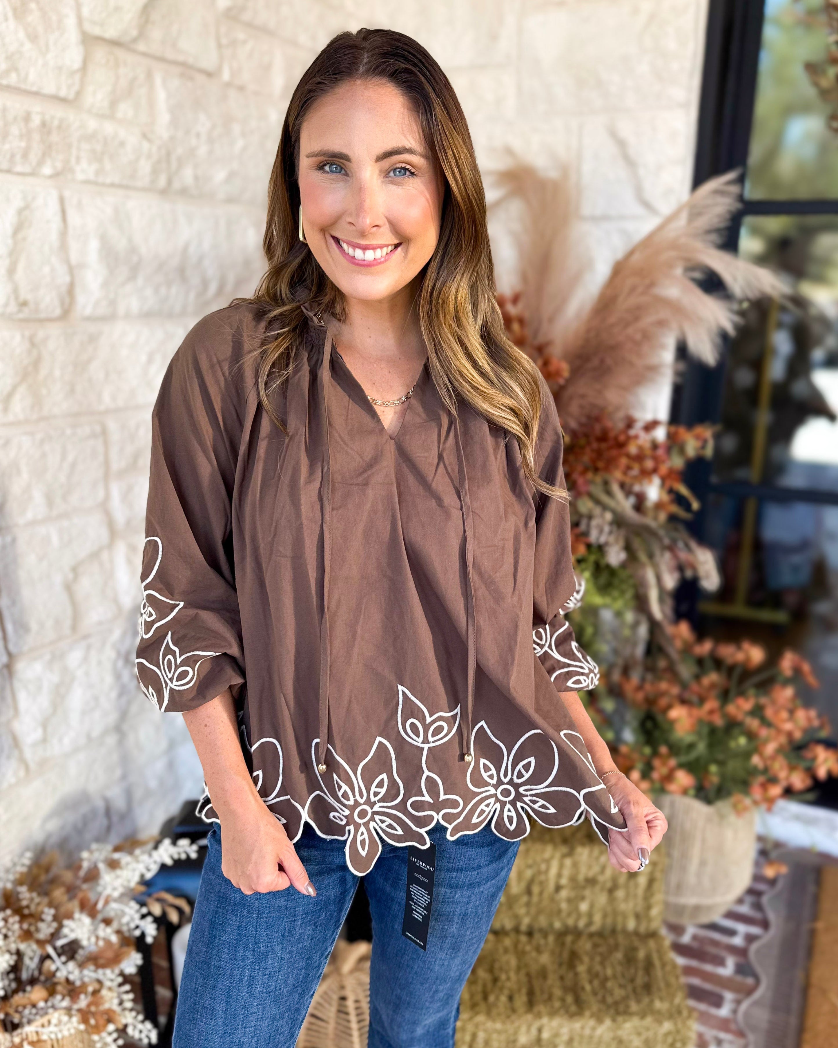 Maya Floral Stitch Blouse - Mocha-200 Fashion Blouses-ENTRO-July & June Women's Fashion Boutique Located in San Antonio, Texas