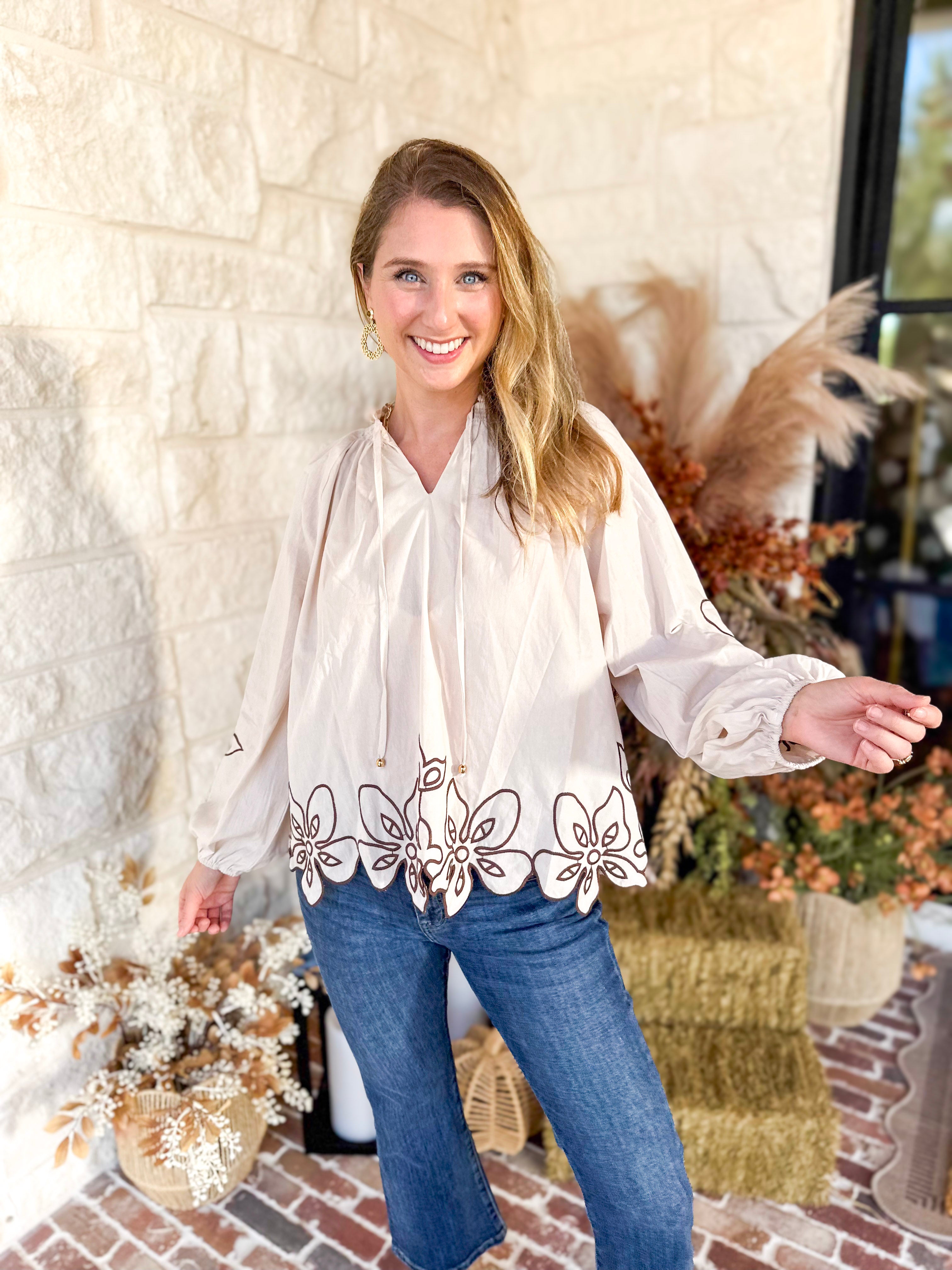 Maya Floral Stitch Blouse - Ivory-200 Fashion Blouses-ENTRO-July & June Women's Fashion Boutique Located in San Antonio, Texas