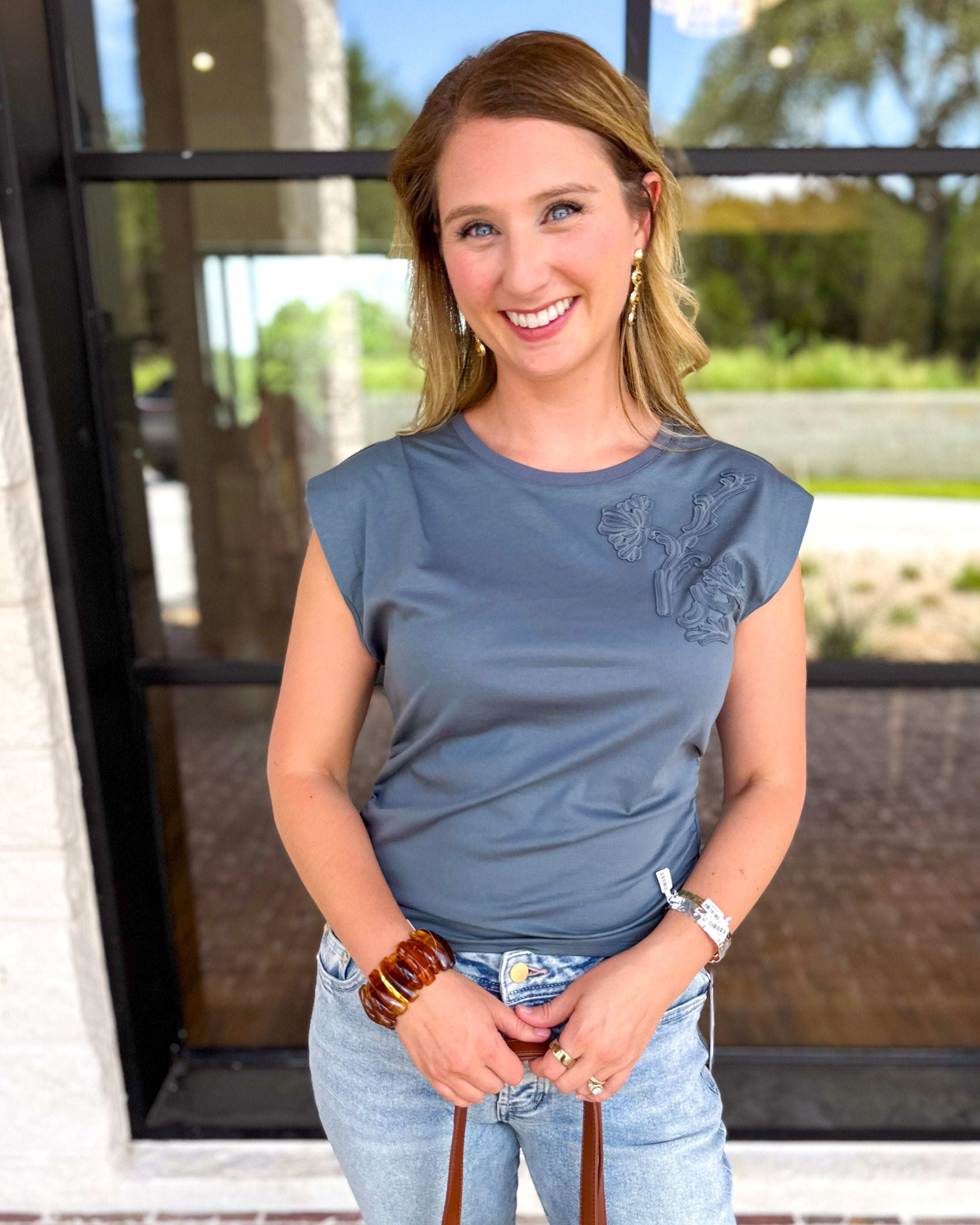 Current Air - Floral Tee - Smoke Blue-200 Fashion Blouses-CURRENT AIR CLOTHING-July & June Women's Fashion Boutique Located in San Antonio, Texas