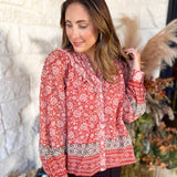 Posey Spiced Apricot Floral Blouse-200 Fashion Blouses-FATE-July & June Women's Fashion Boutique Located in San Antonio, Texas