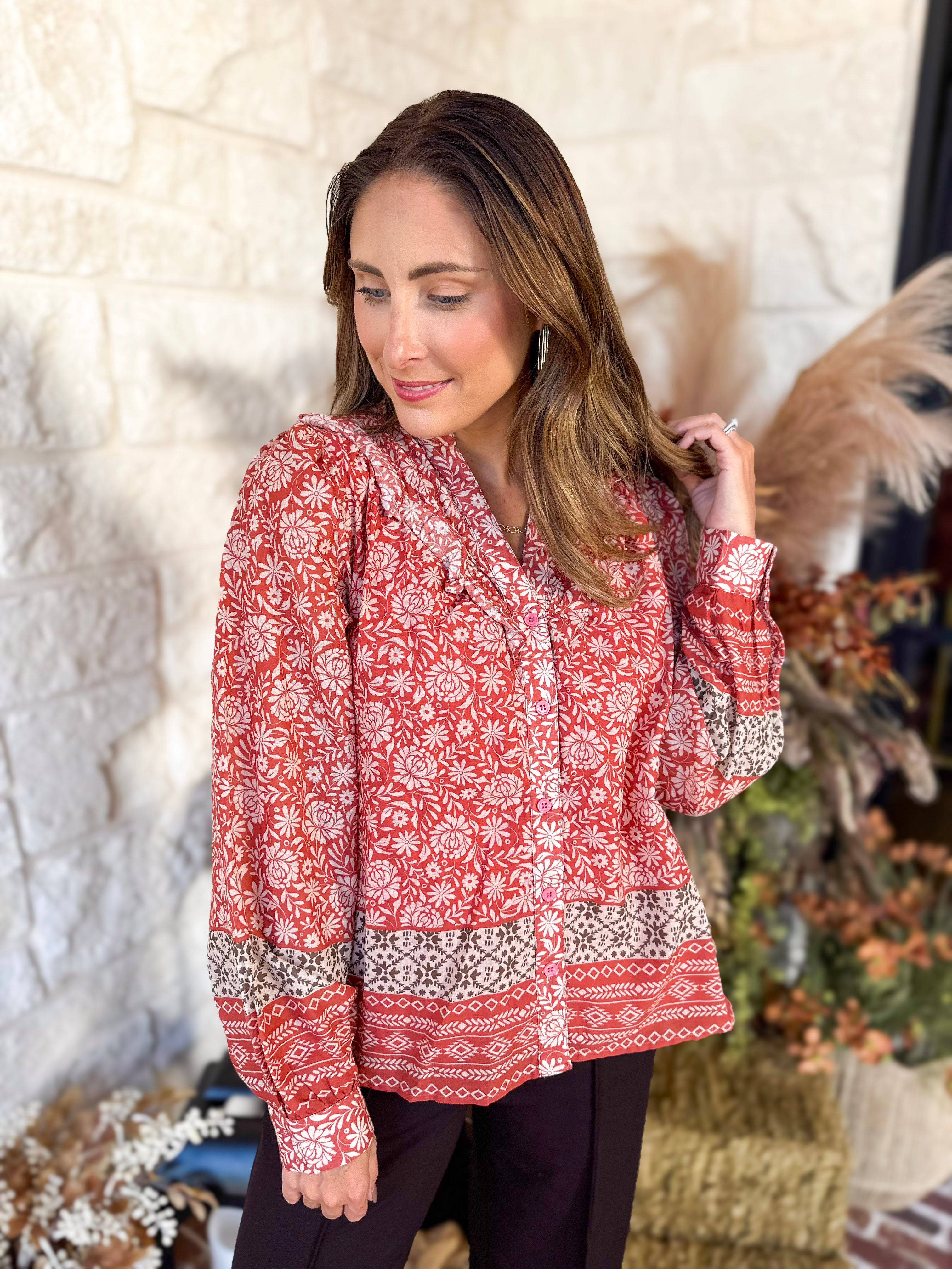 Posey Spiced Apricot Floral Blouse-200 Fashion Blouses-FATE-July & June Women's Fashion Boutique Located in San Antonio, Texas