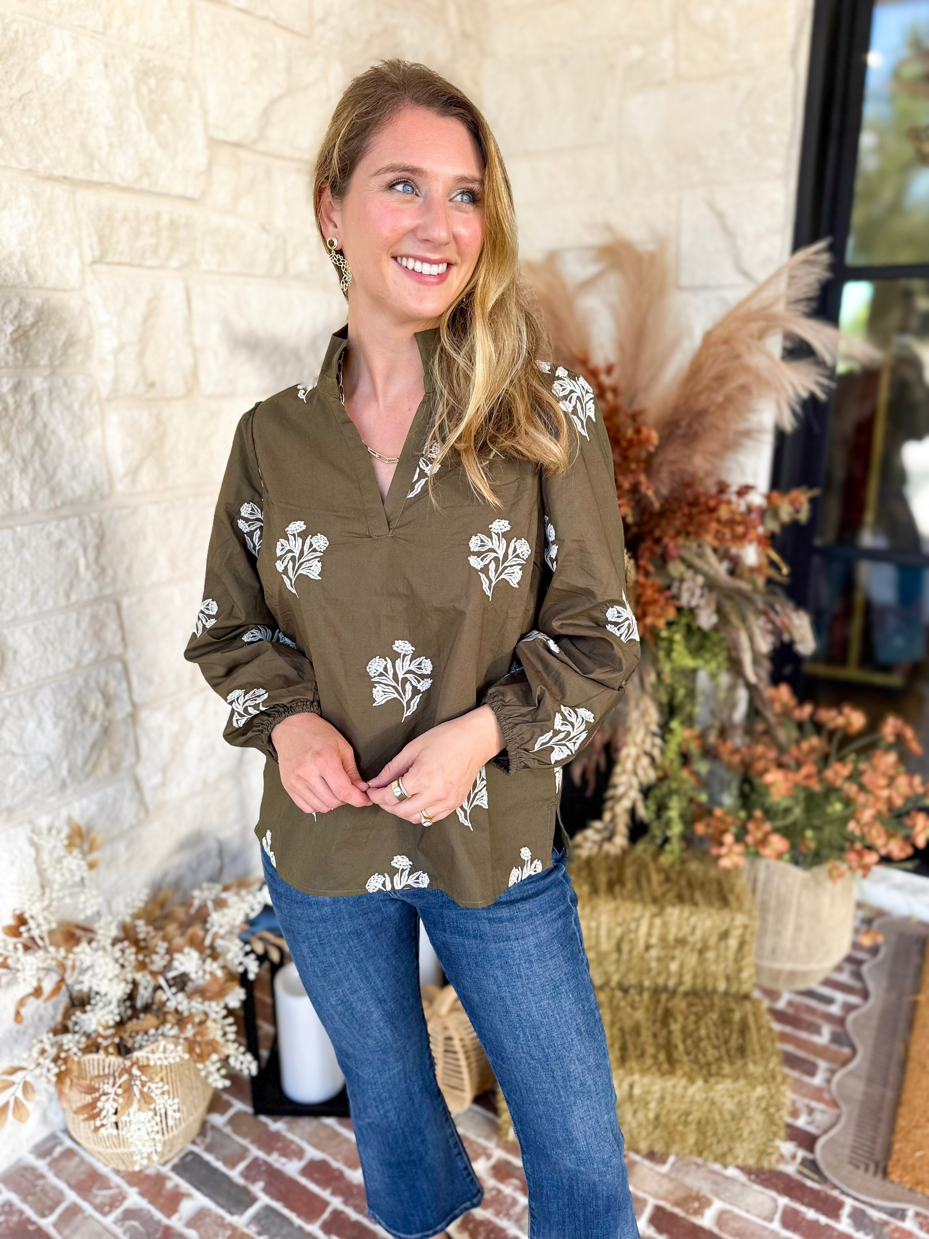 Mary Square - Olive Embroidered Flora Blouse-200 Fashion Blouses-MARY SQUARE-July & June Women's Fashion Boutique Located in San Antonio, Texas
