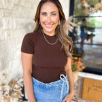 Mock Neck Soft Fitted Sweater Top - Dark Brown-230 Sweaters/Cardis-SKIES ARE BLUE-July & June Women's Fashion Boutique Located in San Antonio, Texas
