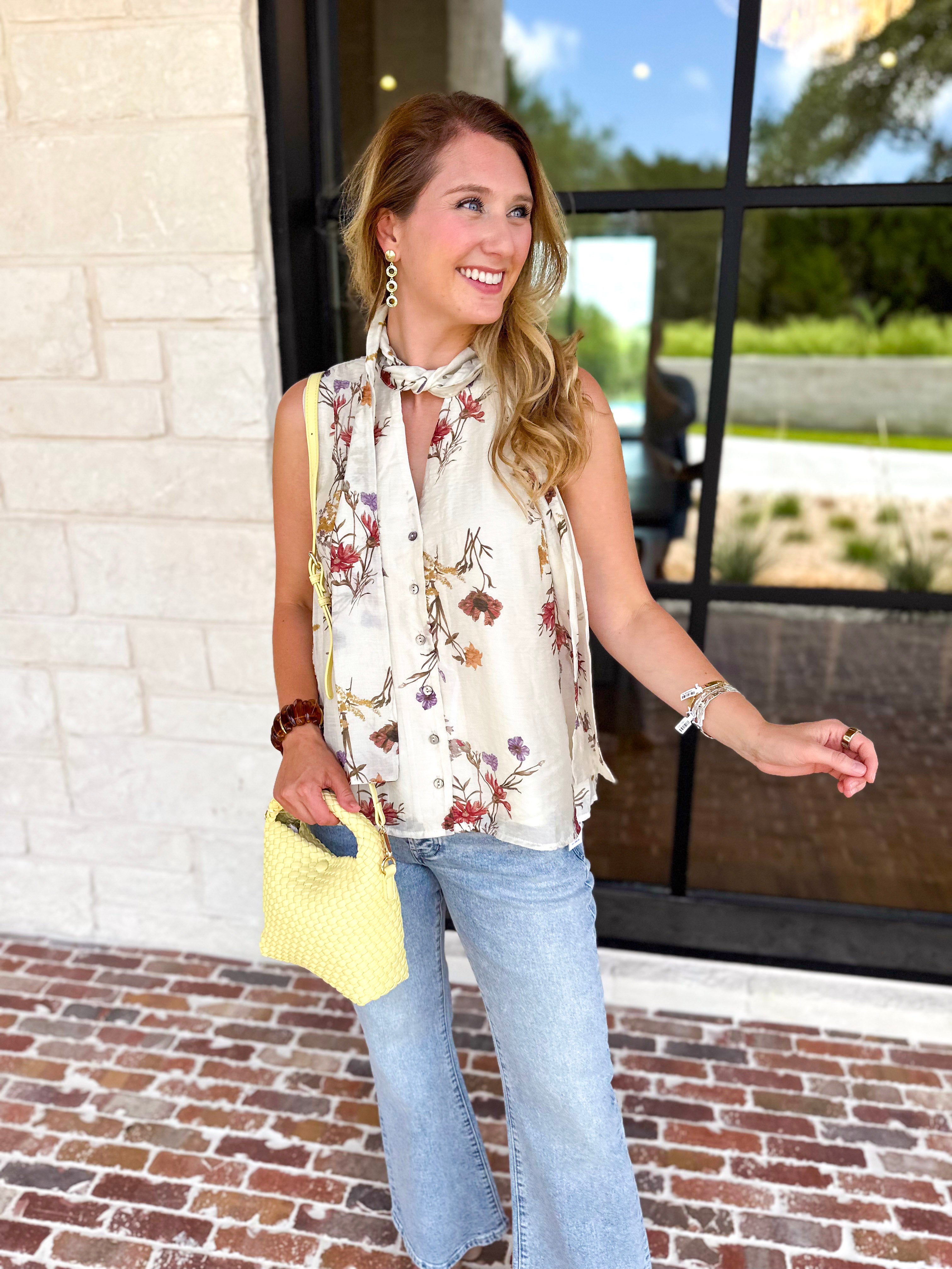 Cream Floral Tank Blouse-200 Fashion Blouses-ENTRO-July & June Women's Fashion Boutique Located in San Antonio, Texas