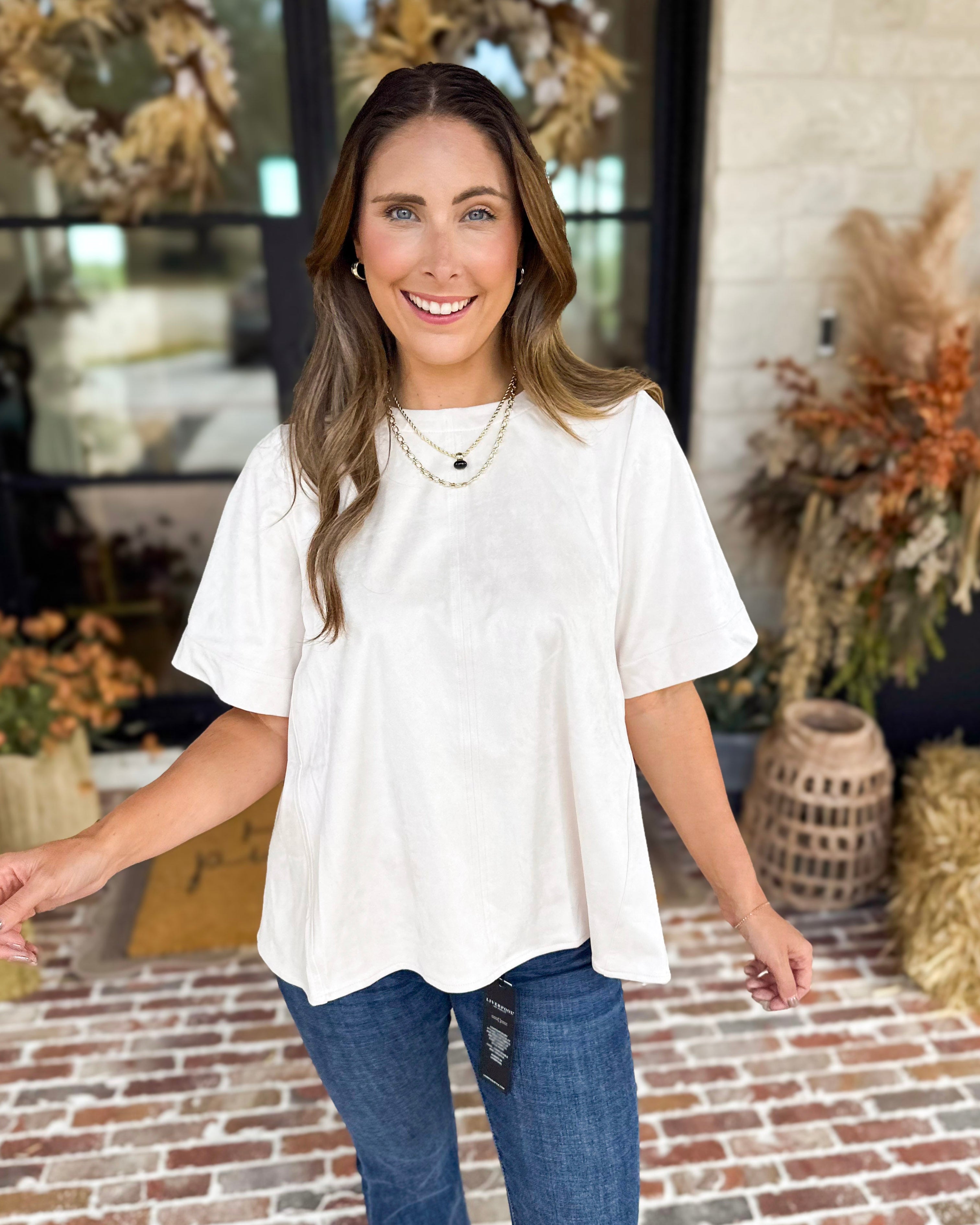 Suede Swing Blouse - Cream-200 Fashion Blouses-FATE-July & June Women's Fashion Boutique Located in San Antonio, Texas