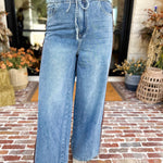 Denim & Suede Trim Drawstring Pants-400 Pants-SKIES ARE BLUE-July & June Women's Fashion Boutique Located in San Antonio, Texas