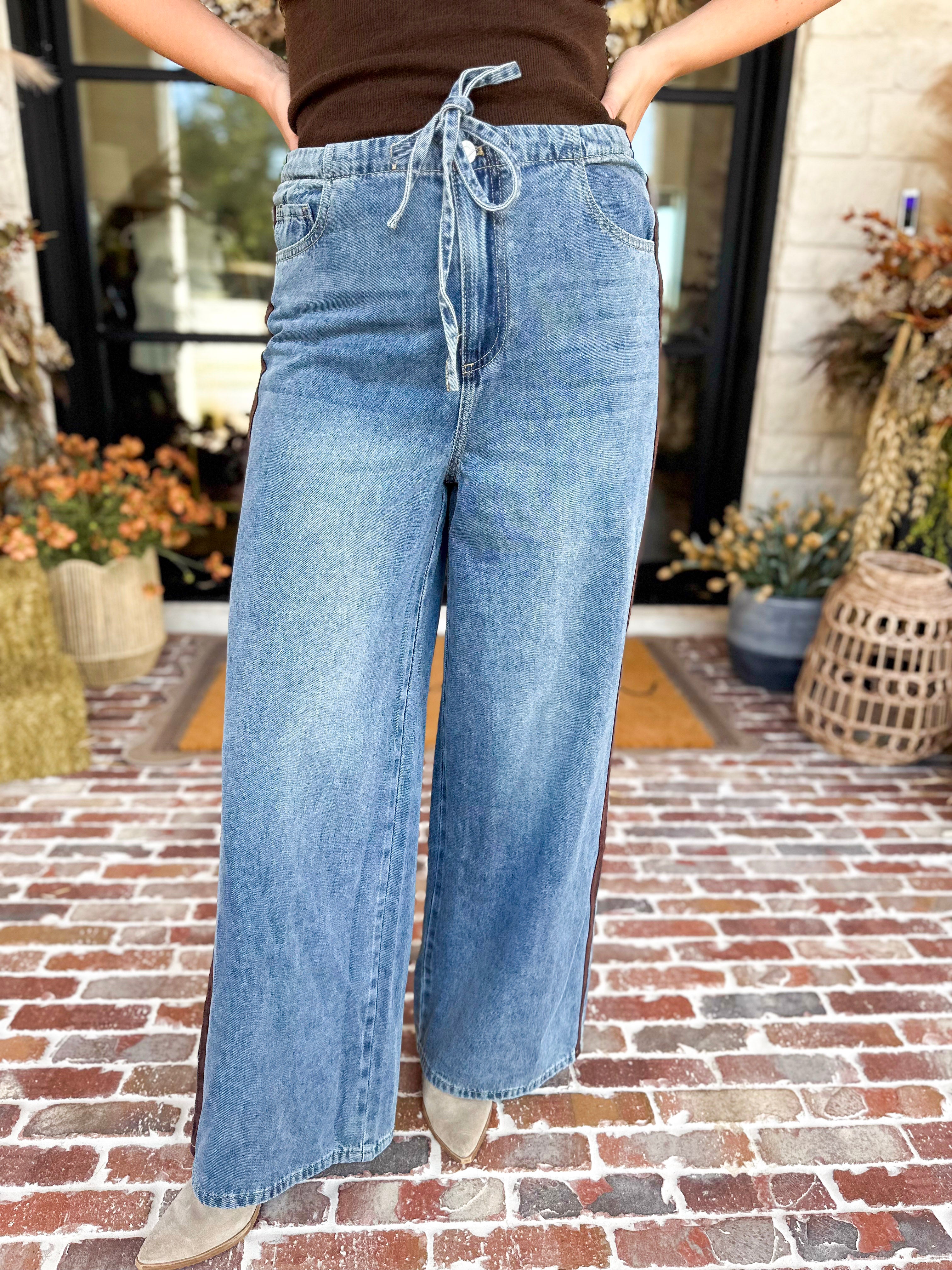 Denim & Suede Trim Drawstring Pants-400 Pants-SKIES ARE BLUE-July & June Women's Fashion Boutique Located in San Antonio, Texas
