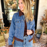 Suede Trim Denim Jacket-600 Outerwear-SKIES ARE BLUE-July & June Women's Fashion Boutique Located in San Antonio, Texas
