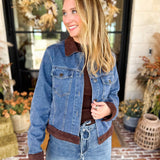 Suede Trim Denim Jacket-600 Outerwear-SKIES ARE BLUE-July & June Women's Fashion Boutique Located in San Antonio, Texas