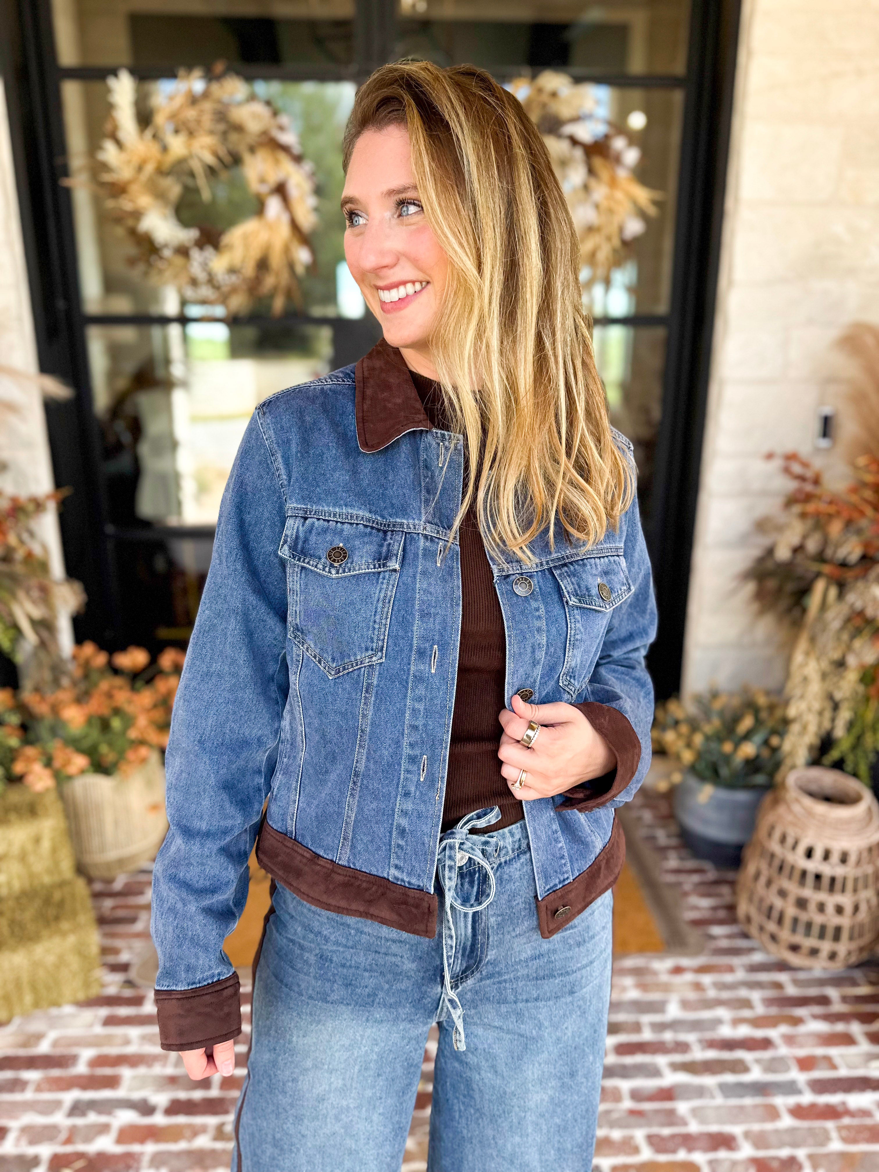 Suede Trim Denim Jacket-600 Outerwear-SKIES ARE BLUE-July & June Women's Fashion Boutique Located in San Antonio, Texas