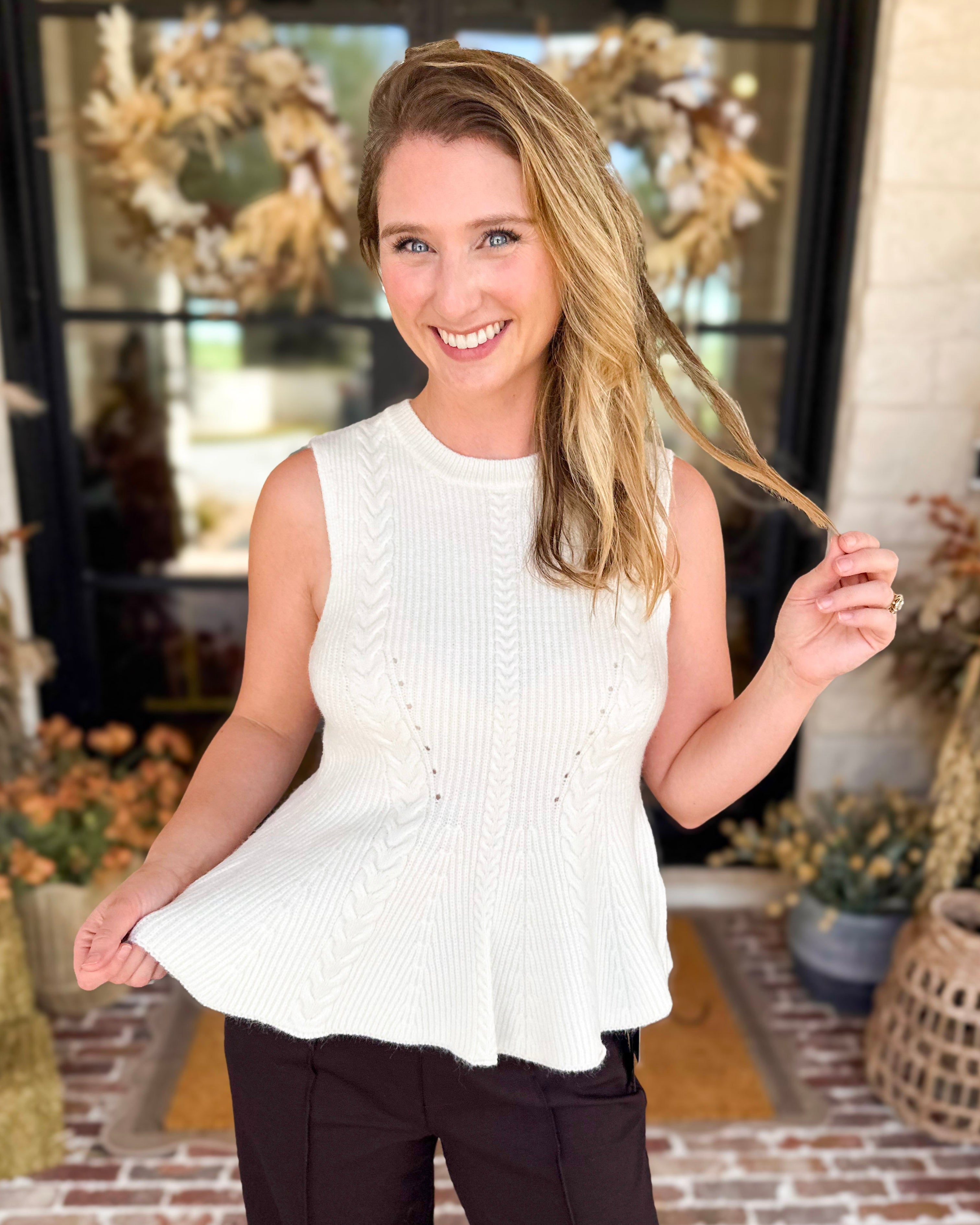Ivory Cable Knit Sweater Tank-230 Sweaters/Cardis-STRUT & BOLT-July & June Women's Fashion Boutique Located in San Antonio, Texas