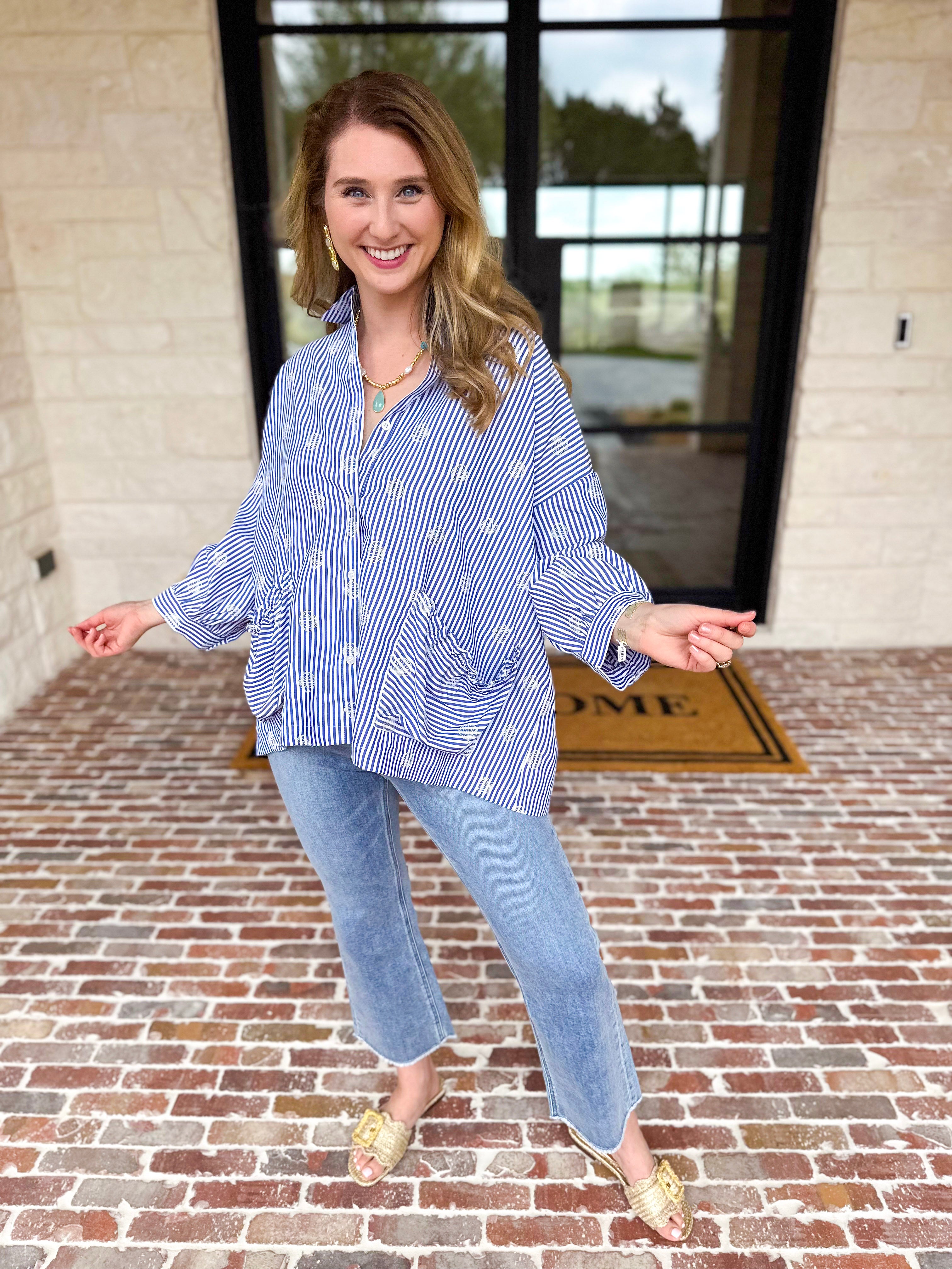 Seashell Flow Button Down Blouse-200 Fashion Blouses-FATE-July & June Women's Fashion Boutique Located in San Antonio, Texas