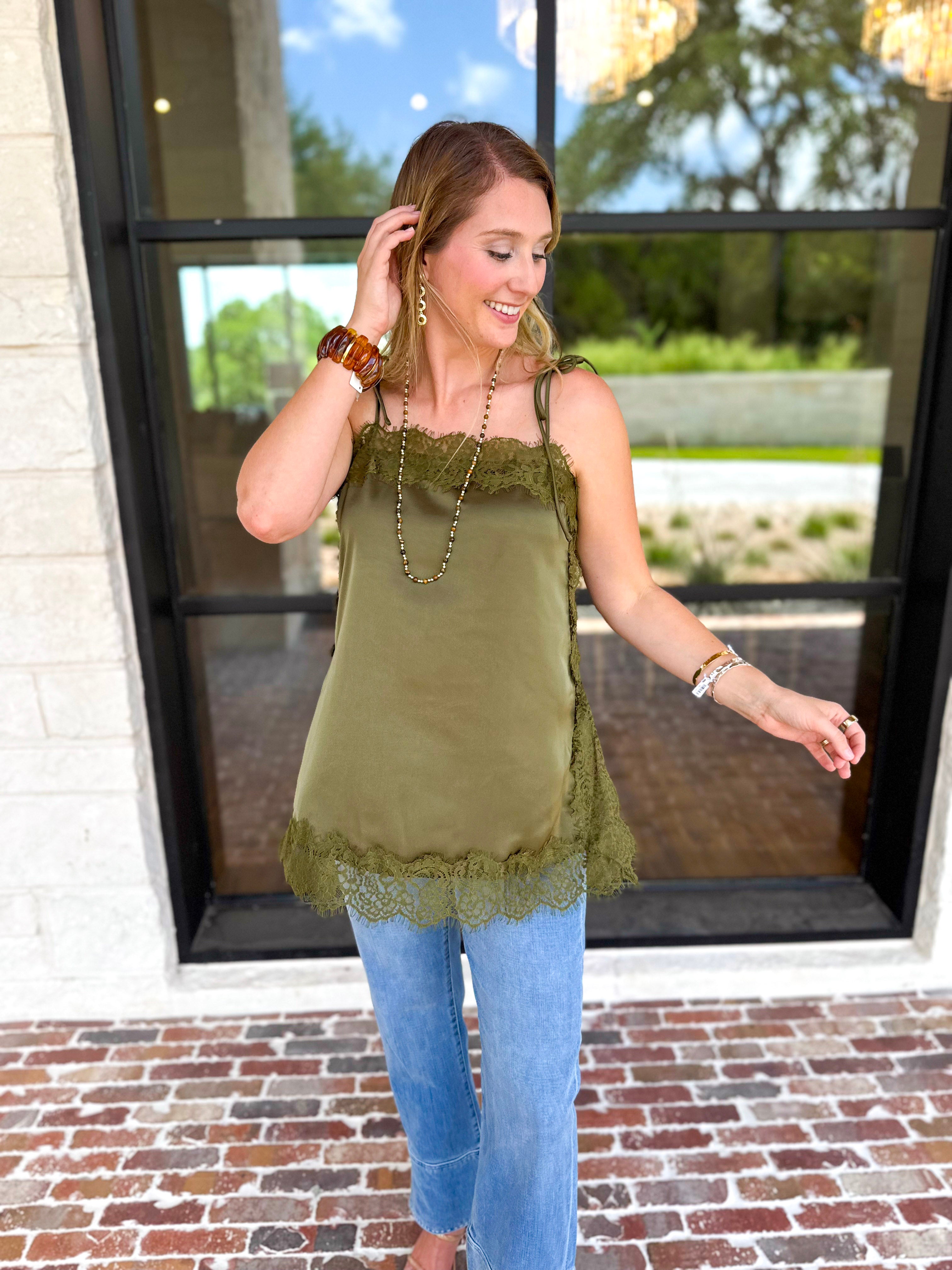 Date Night Lace Cami - Olive-200 Fashion Blouses-ENTRO-July & June Women's Fashion Boutique Located in San Antonio, Texas