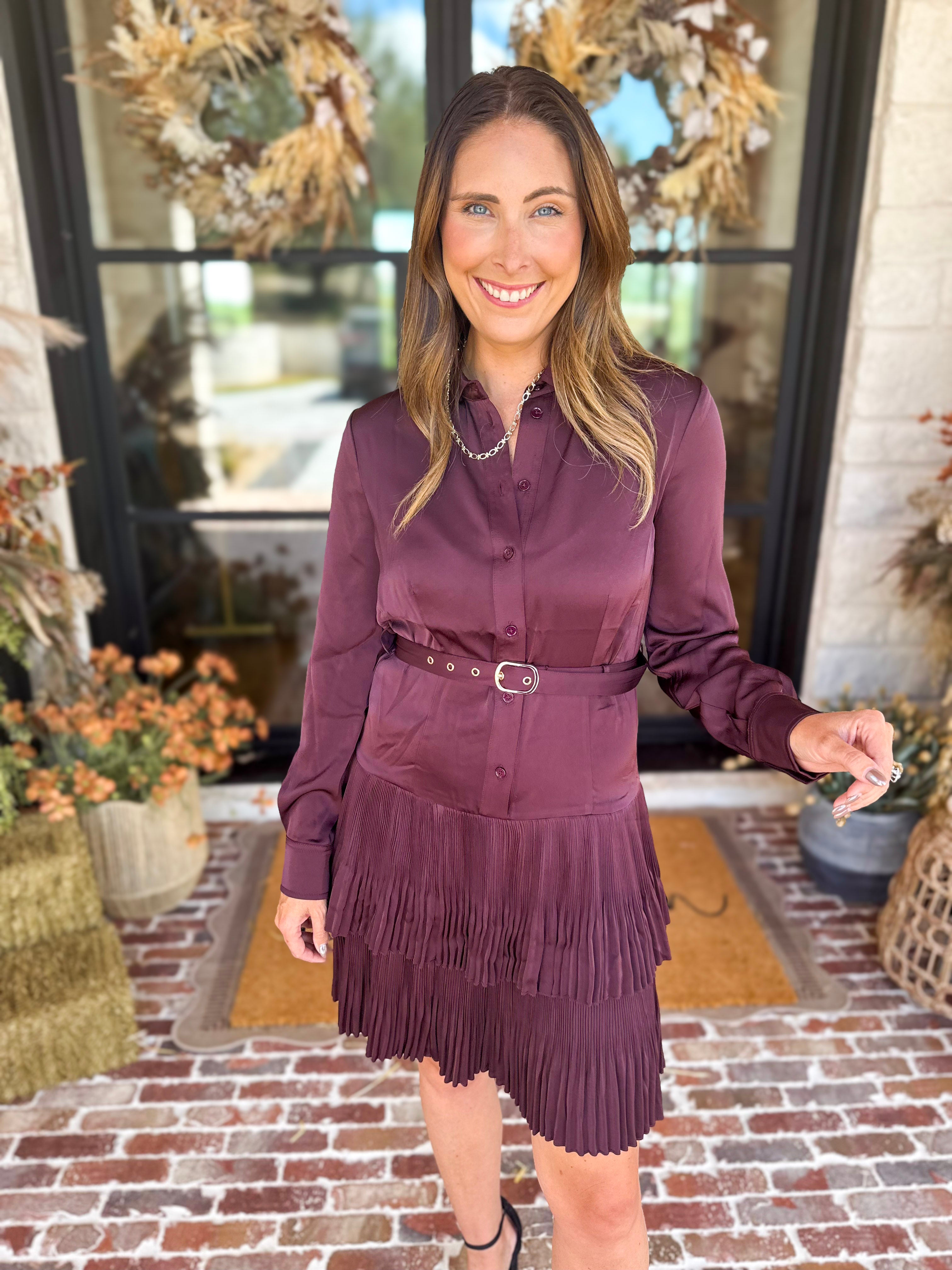 Current Air - Bordeaux Pleated Satin Mini Dress-510 Mini-CURRENT AIR CLOTHING-July & June Women's Fashion Boutique Located in San Antonio, Texas