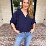 Braided Blouse - Navy-200 Fashion Blouses-ENTRO-July & June Women's Fashion Boutique Located in San Antonio, Texas