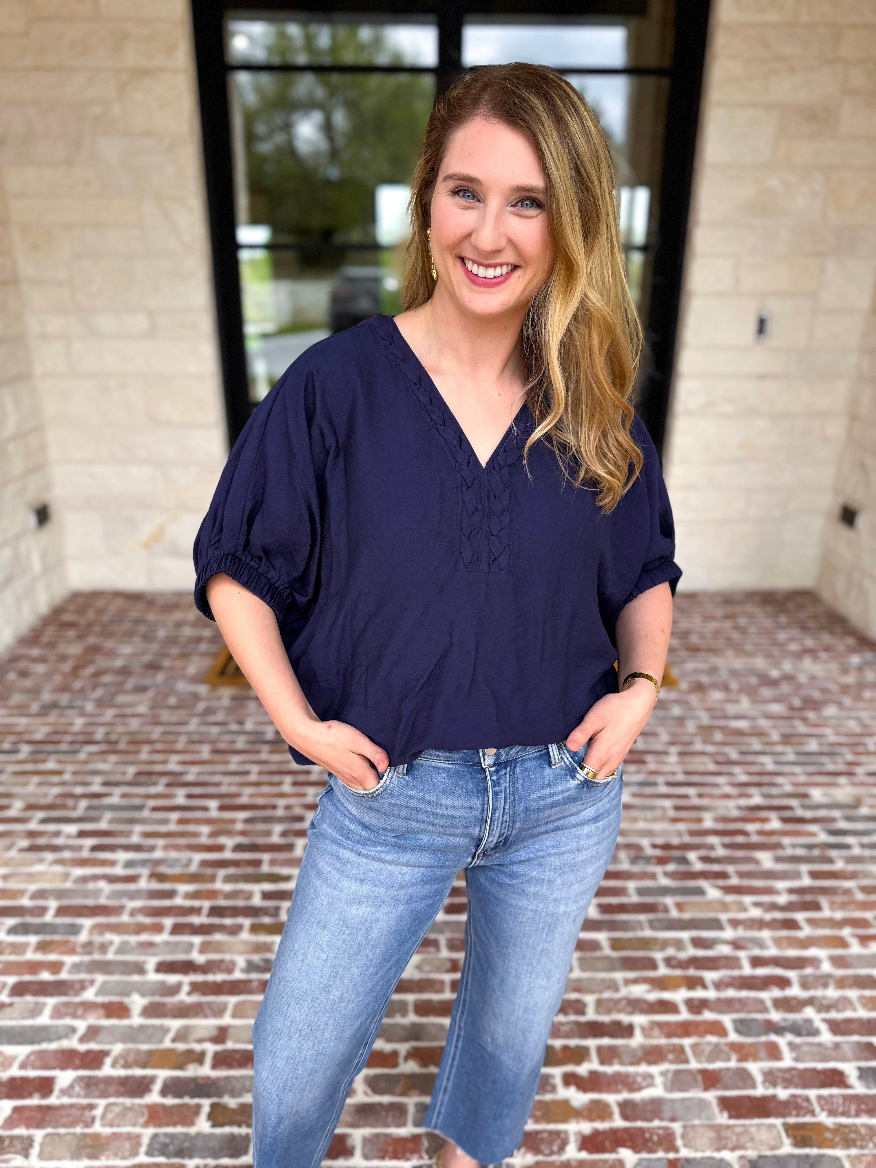 Braided Blouse - Navy-200 Fashion Blouses-ENTRO-July & June Women's Fashion Boutique Located in San Antonio, Texas