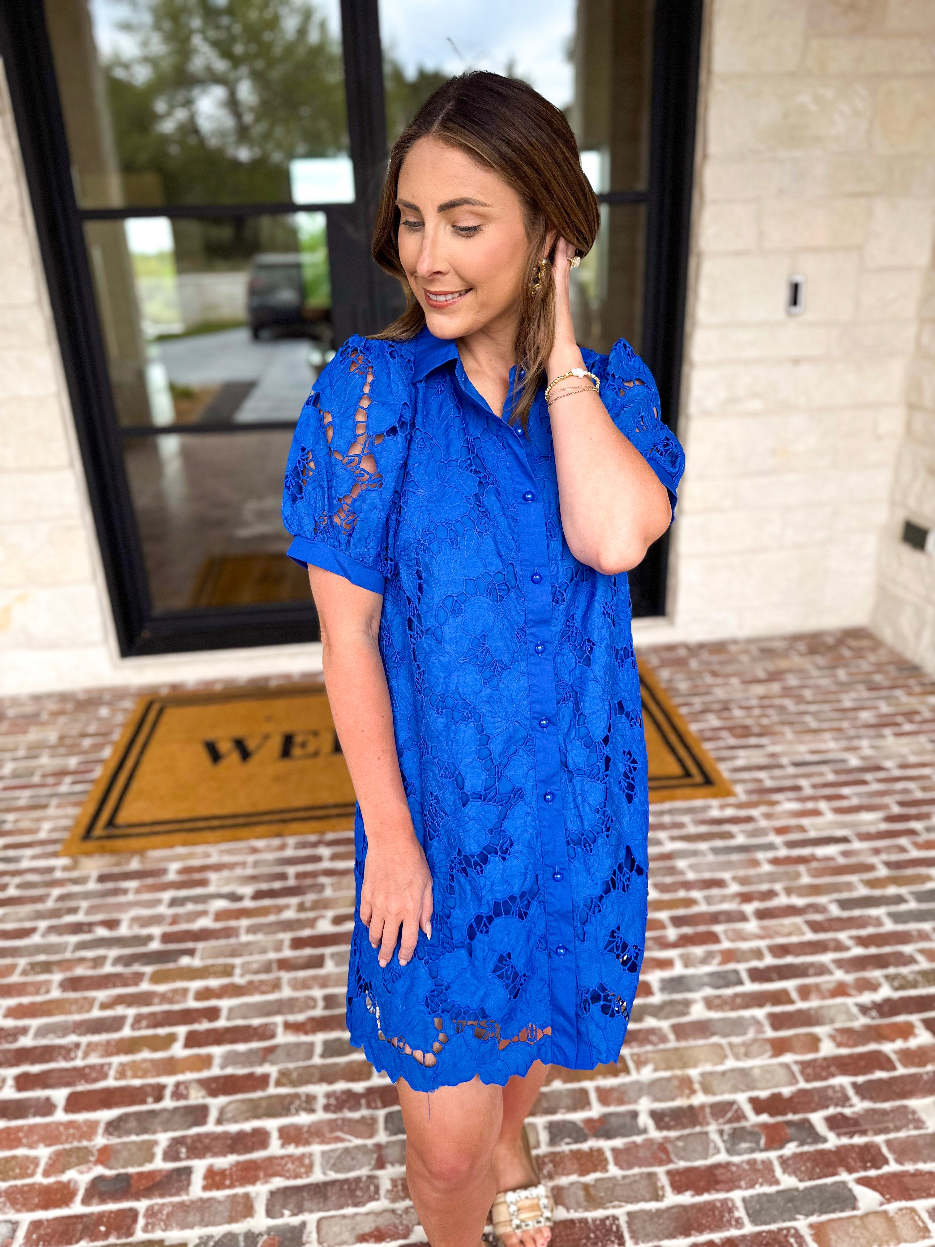 Anna Lace Mini Dress - Royal Blue-510 Mini-JODIFL-July & June Women's Fashion Boutique Located in San Antonio, Texas