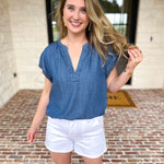 Current Air - Chambray Details Blouse-200 Fashion Blouses-CURRENT AIR CLOTHING-July & June Women's Fashion Boutique Located in San Antonio, Texas