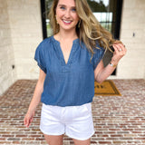 Current Air - Chambray Details Blouse-200 Fashion Blouses-CURRENT AIR CLOTHING-July & June Women's Fashion Boutique Located in San Antonio, Texas