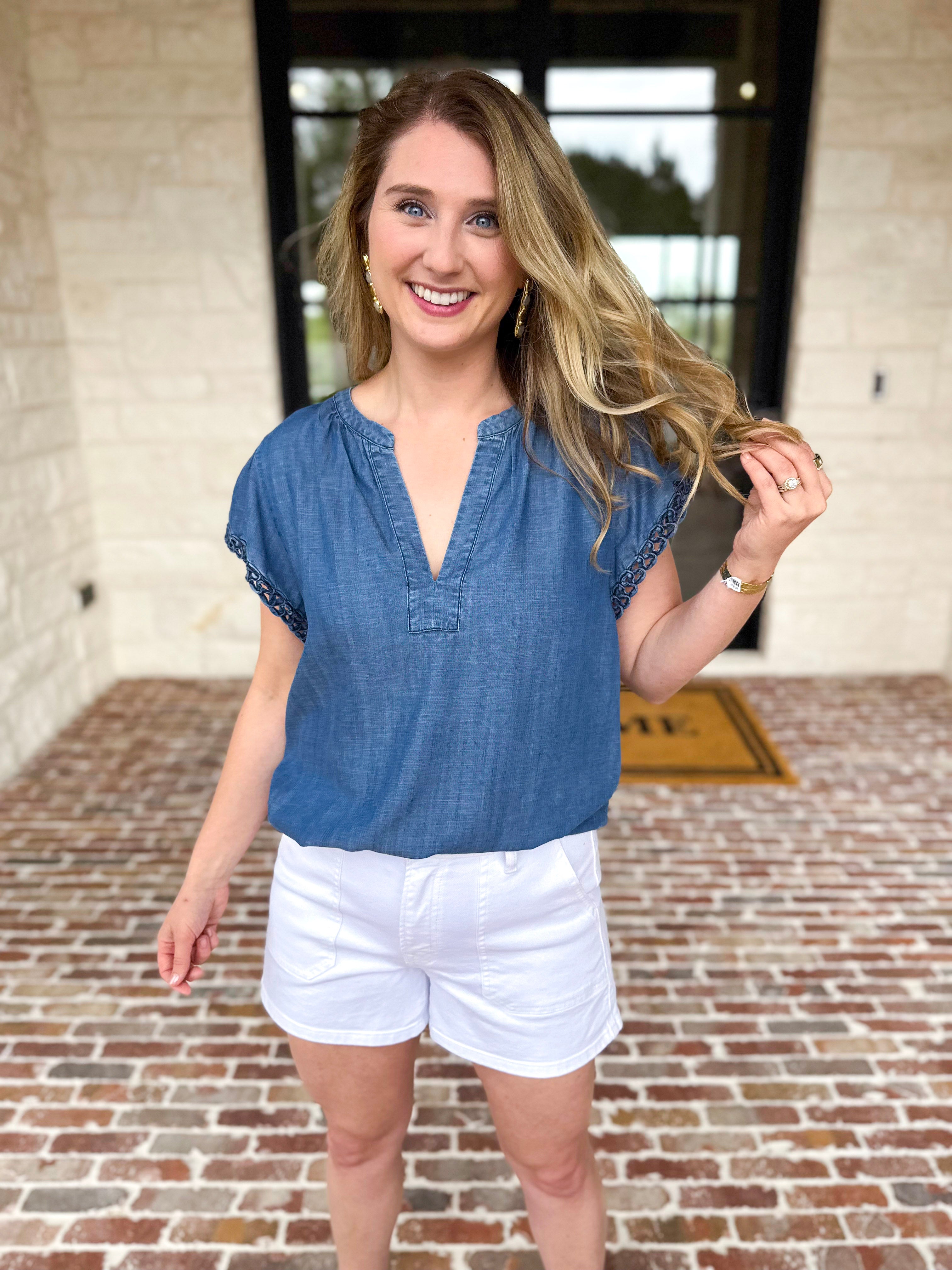 Current Air - Chambray Details Blouse-200 Fashion Blouses-CURRENT AIR CLOTHING-July & June Women's Fashion Boutique Located in San Antonio, Texas