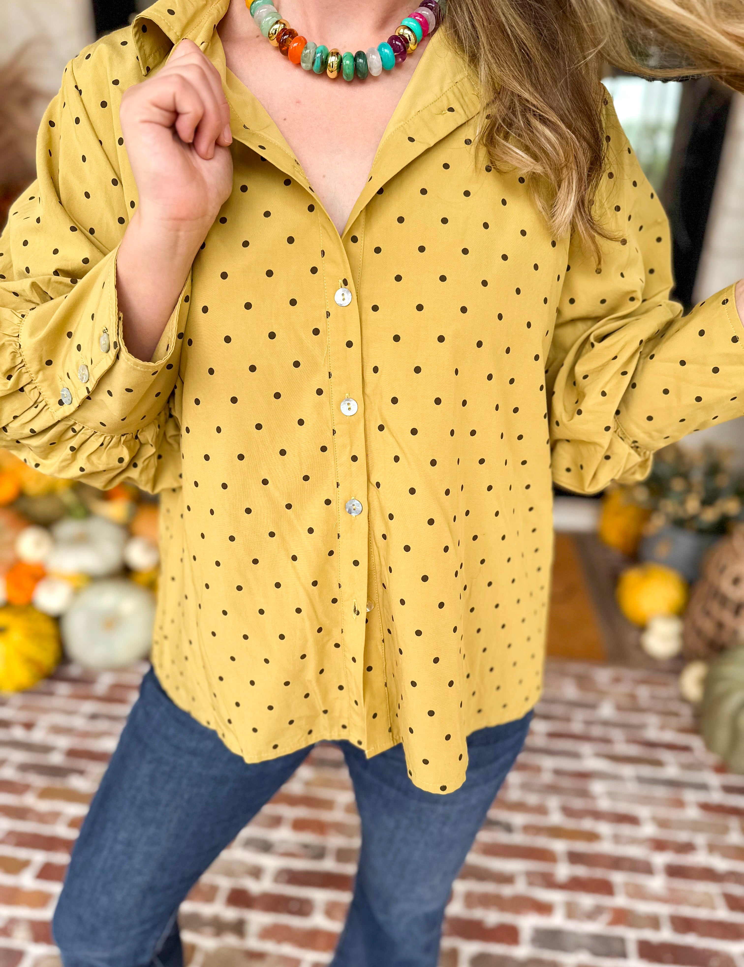 Golden Bubble Sleeve Blouse-200 Fashion Blouses-JODIFL-July & June Women's Fashion Boutique Located in San Antonio, Texas