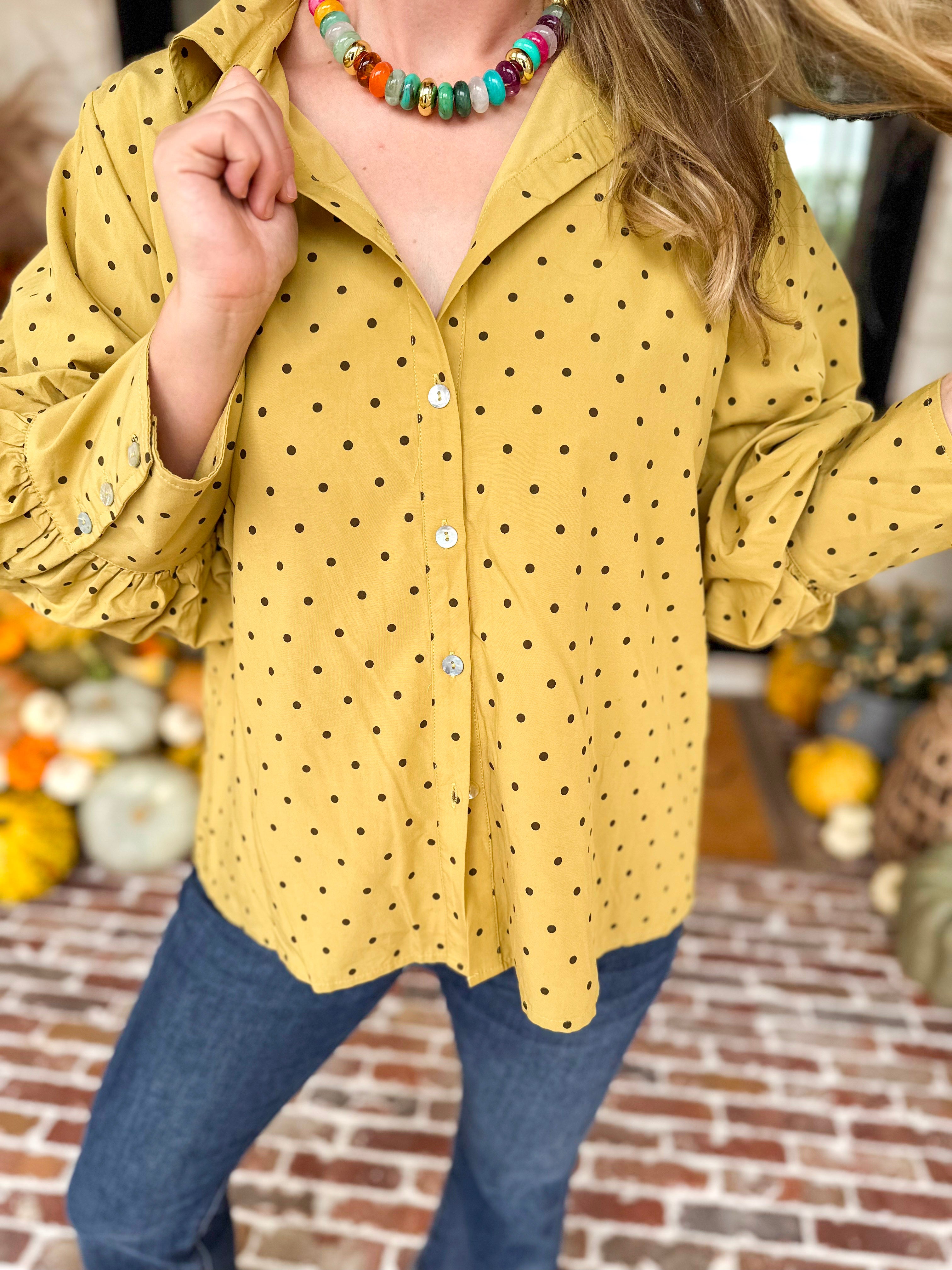 Golden Bubble Sleeve Blouse-200 Fashion Blouses-JODIFL-July & June Women's Fashion Boutique Located in San Antonio, Texas