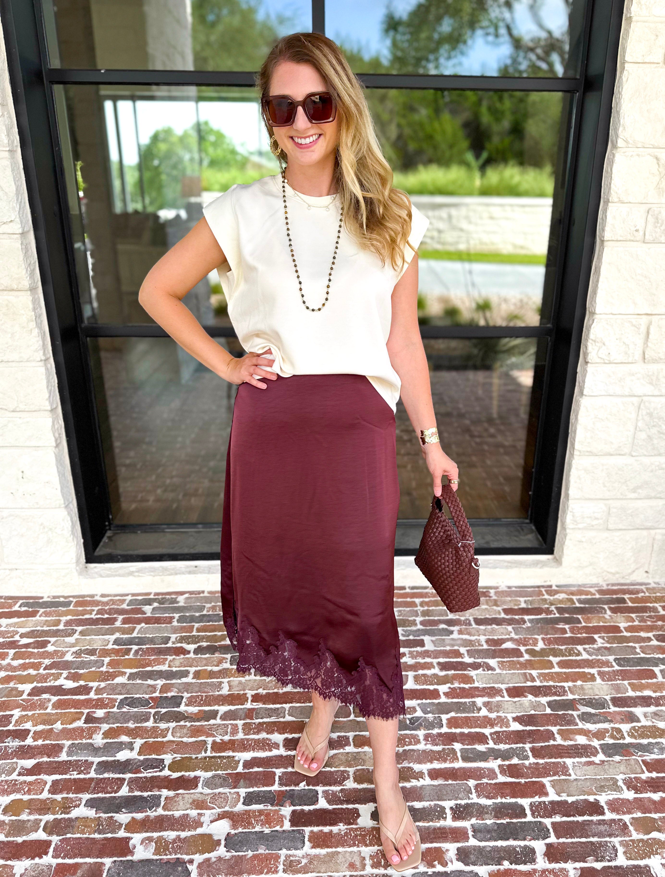 Fall Must Have Midi Skirt - Merlot-410 Shorts/Skirts-ENTRO-July & June Women's Fashion Boutique Located in San Antonio, Texas
