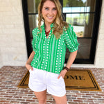 Mary Square - Colette Heritage Green Blouse-200 Fashion Blouses-MARY SQUARE-July & June Women's Fashion Boutique Located in San Antonio, Texas