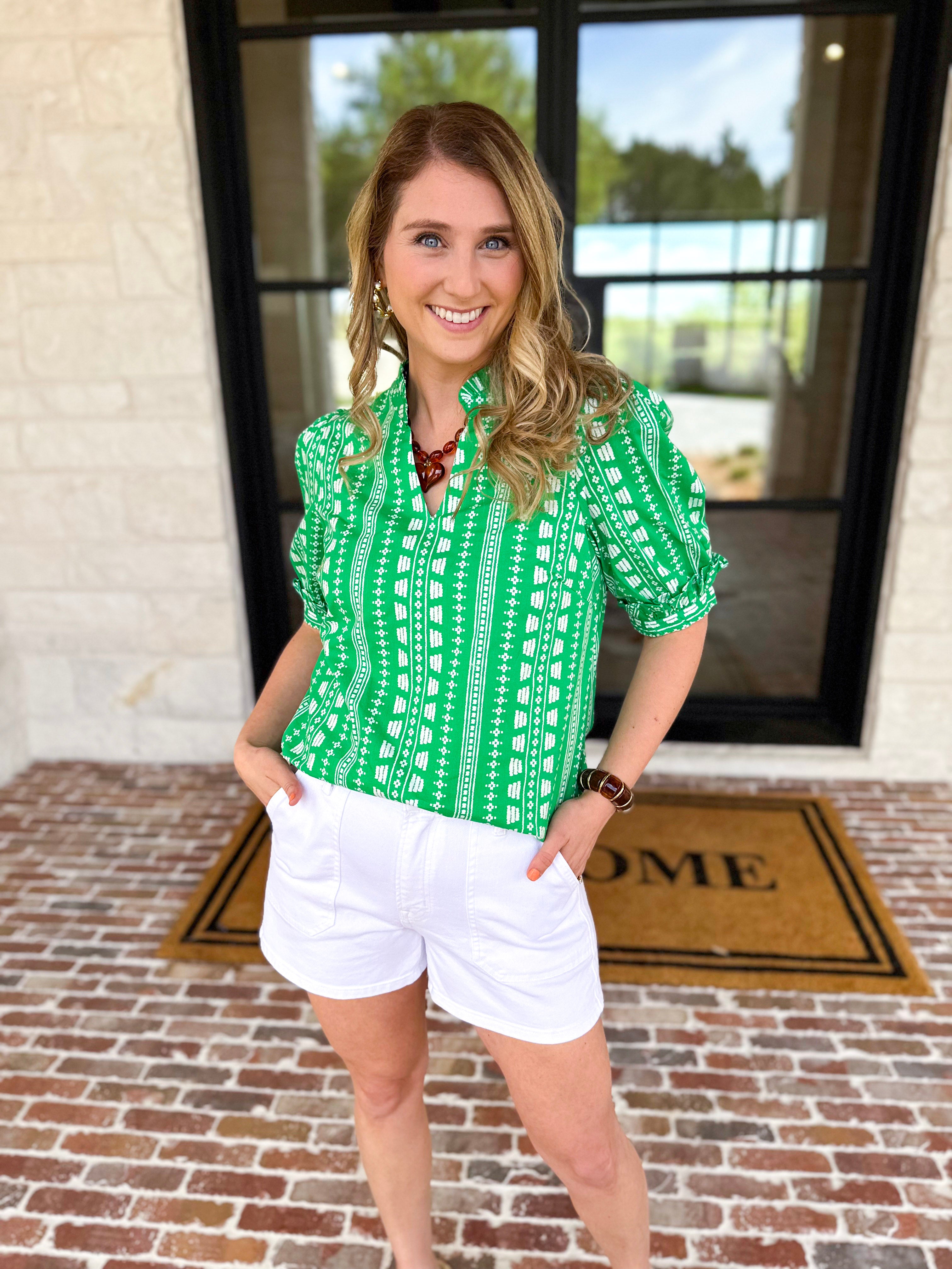 Mary Square - Colette Heritage Green Blouse-200 Fashion Blouses-MARY SQUARE-July & June Women's Fashion Boutique Located in San Antonio, Texas