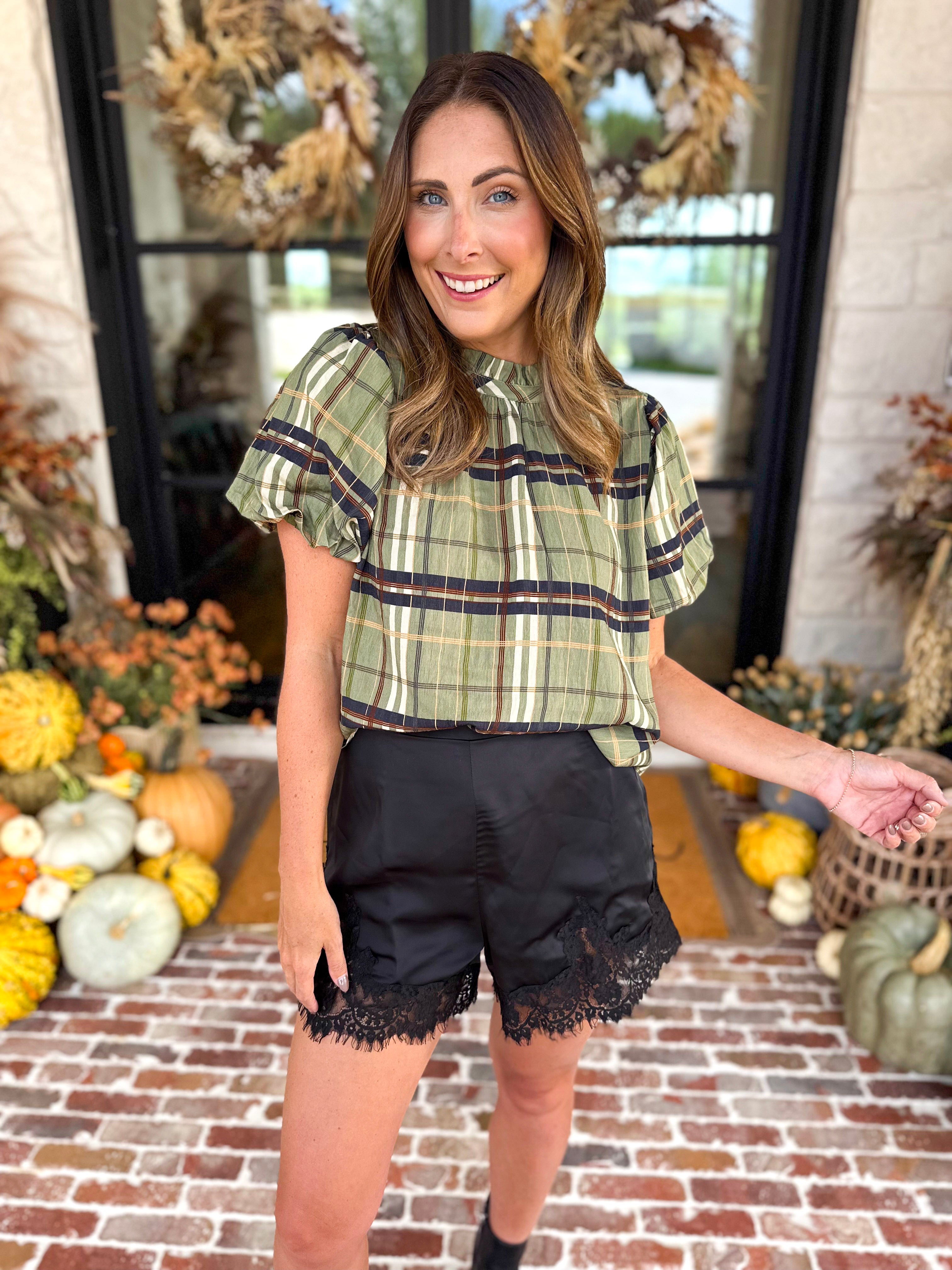 THML - Groves Plaid Ruffle Neck Blouse-200 Fashion Blouses-THML-July & June Women's Fashion Boutique Located in San Antonio, Texas