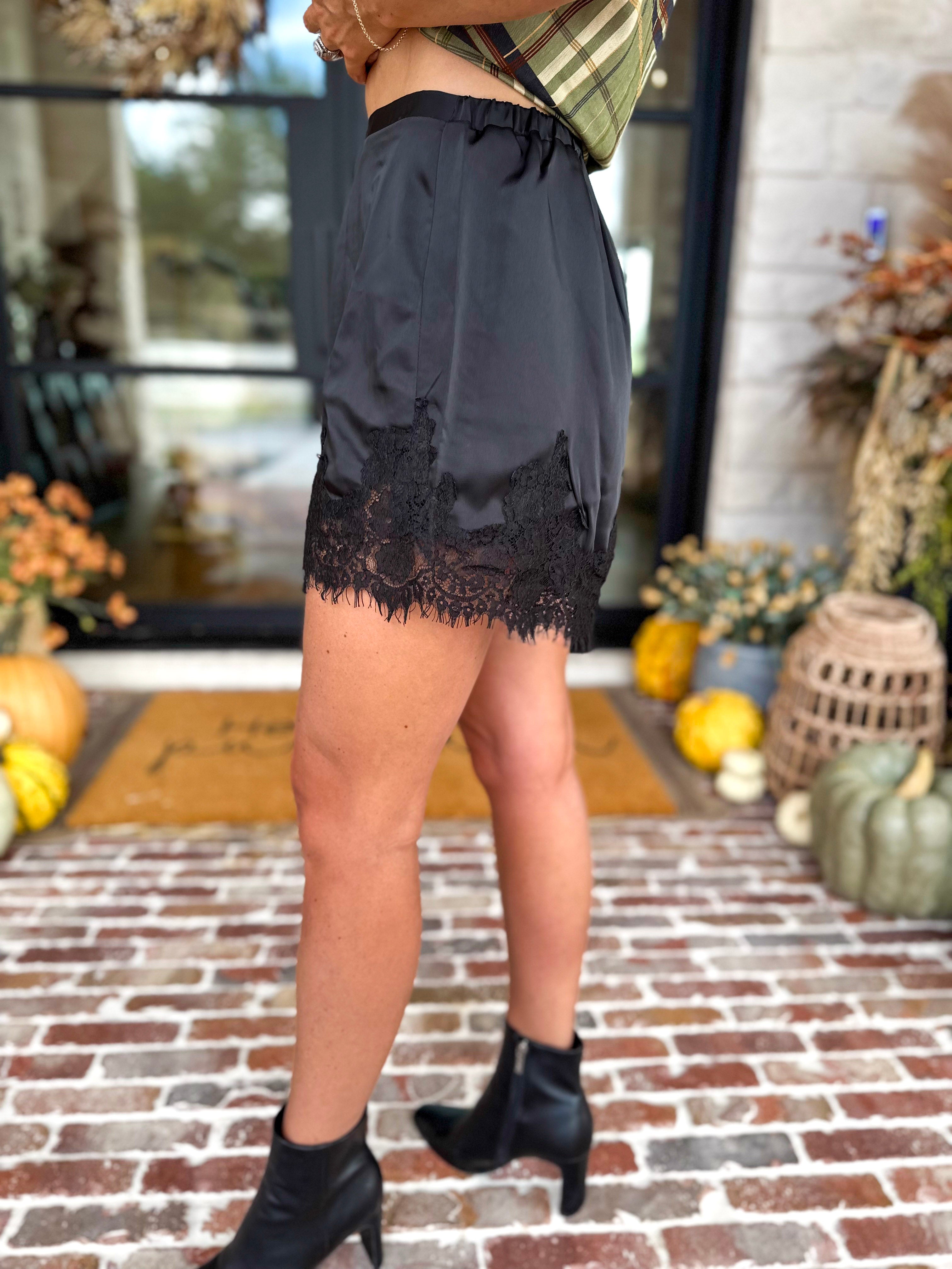 Satin Date Night Black Lace Shorts-410 Shorts/Skirts-TCEC-July & June Women's Fashion Boutique Located in San Antonio, Texas