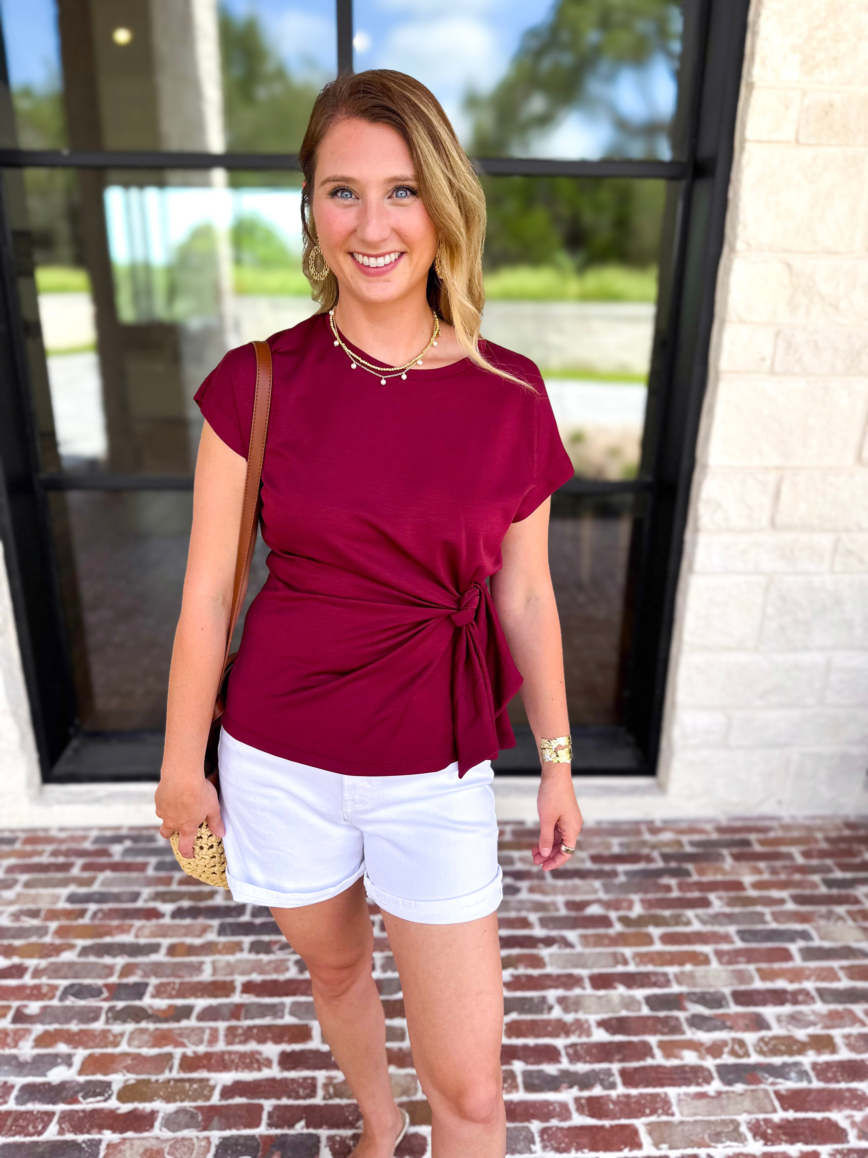 Essentials Knotted Blouse - Merlot-200 Fashion Blouses-ENTRO-July & June Women's Fashion Boutique Located in San Antonio, Texas