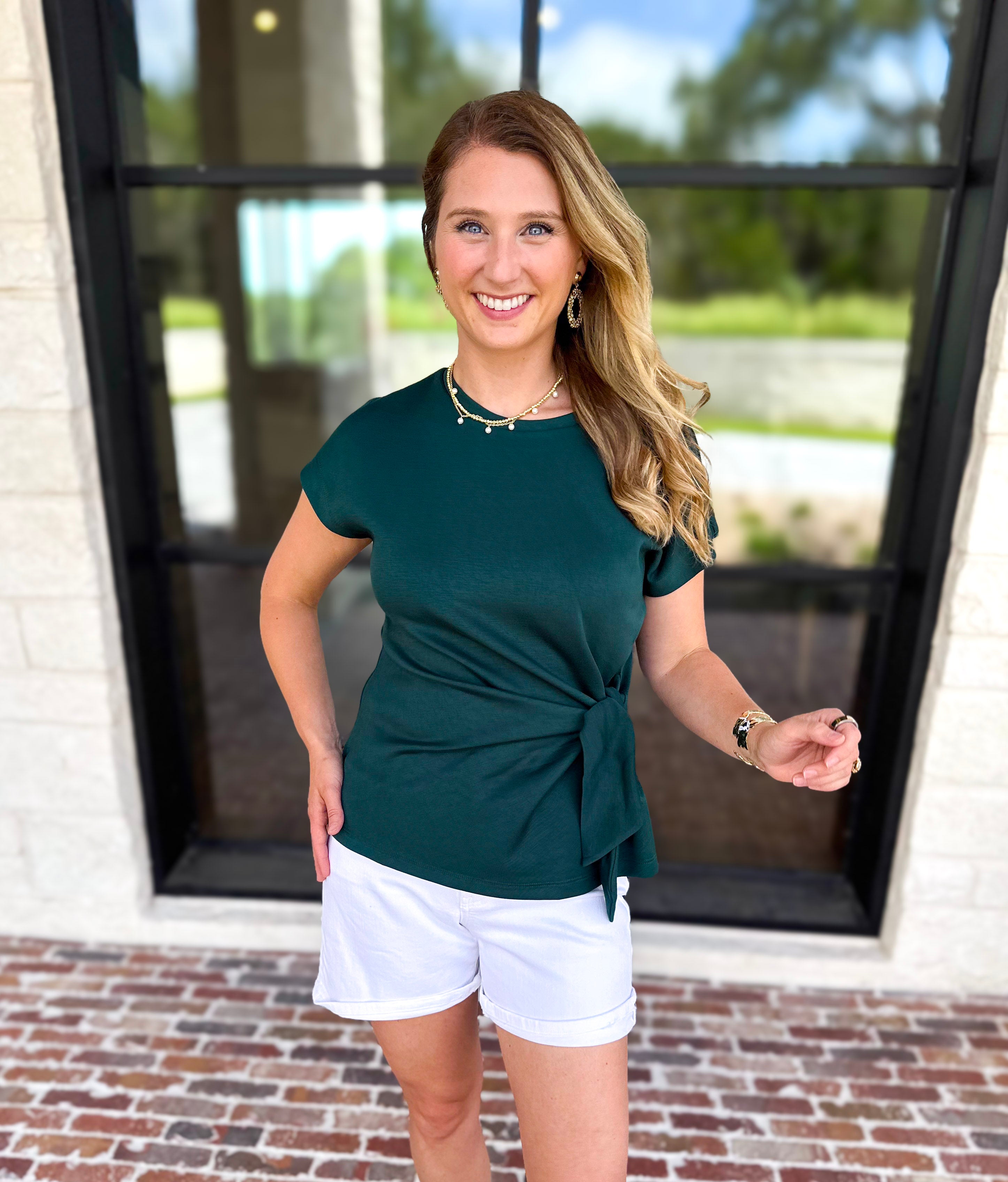 Essentials Knotted Blouse - Hunter Green-200 Fashion Blouses-ENTRO-July & June Women's Fashion Boutique Located in San Antonio, Texas