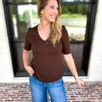 Liverpool - Double Layer V-Neck Top - Espresso-210 Casual Blouses-LIVERPOOL JEANS COMPANY-July & June Women's Fashion Boutique Located in San Antonio, Texas