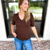 Liverpool - Double Layer V-Neck Top - Espresso-210 Casual Blouses-LIVERPOOL JEANS COMPANY-July & June Women's Fashion Boutique Located in San Antonio, Texas