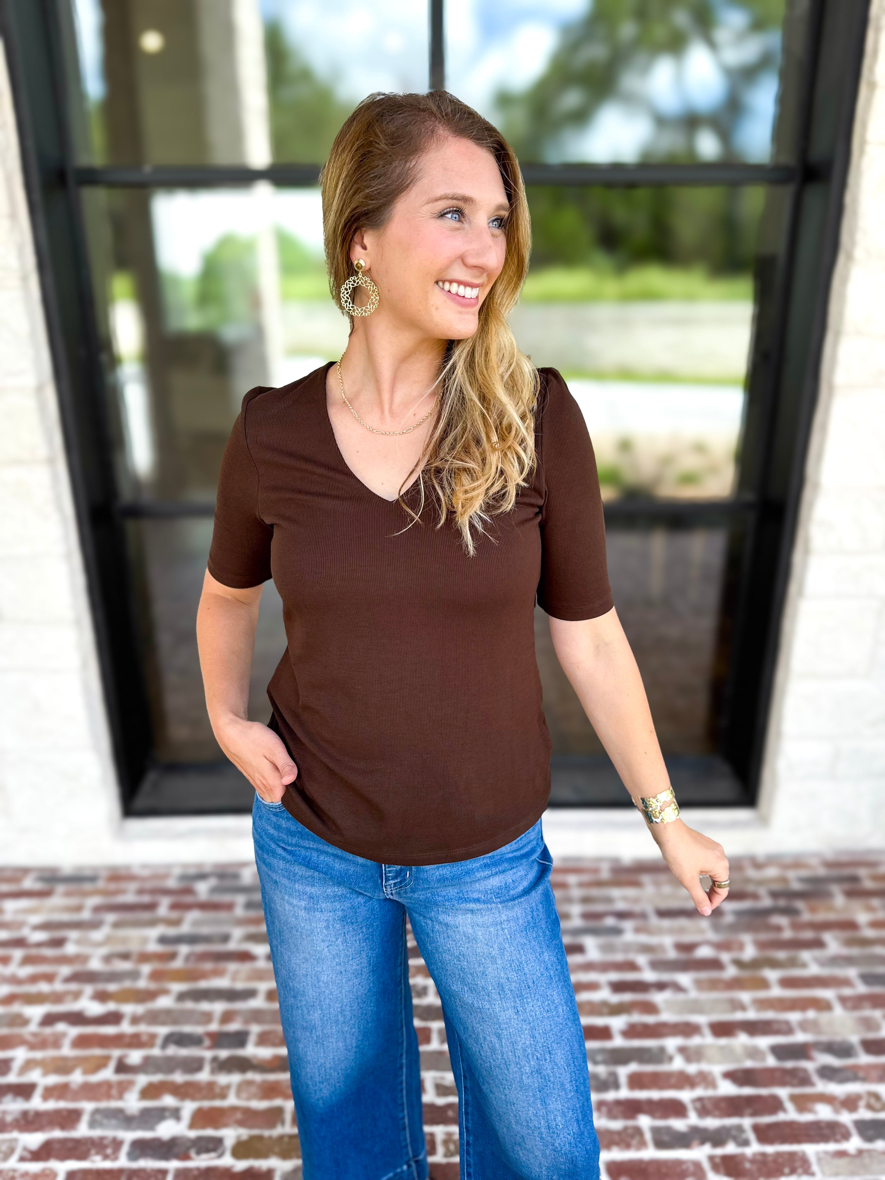 Liverpool - Double Layer V-Neck Top - Espresso-210 Casual Blouses-LIVERPOOL JEANS COMPANY-July & June Women's Fashion Boutique Located in San Antonio, Texas