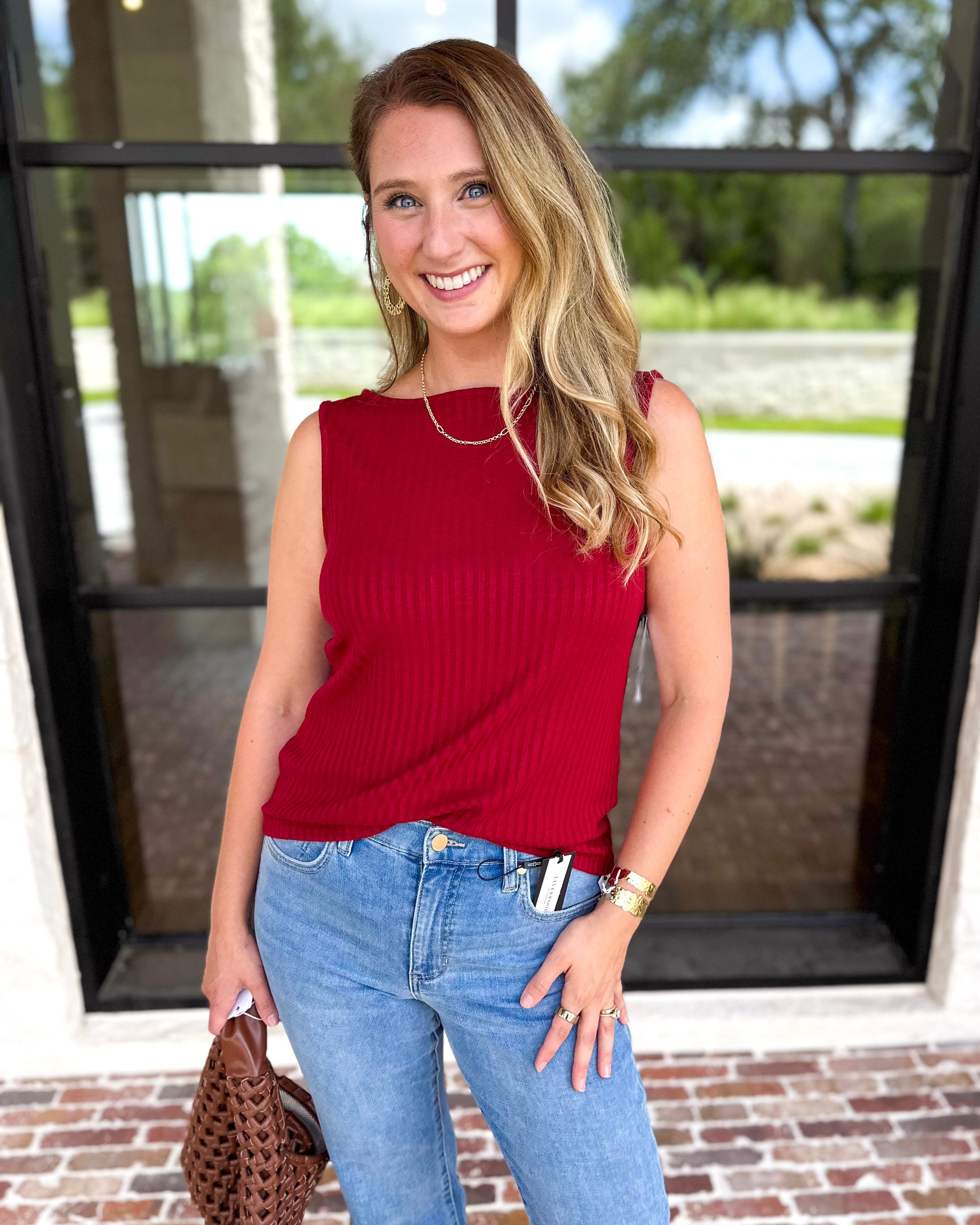 Liverpool - Classic Boatneck Knit Tank - Cranberry-210 Casual Blouses-LIVERPOOL JEANS COMPANY-July & June Women's Fashion Boutique Located in San Antonio, Texas