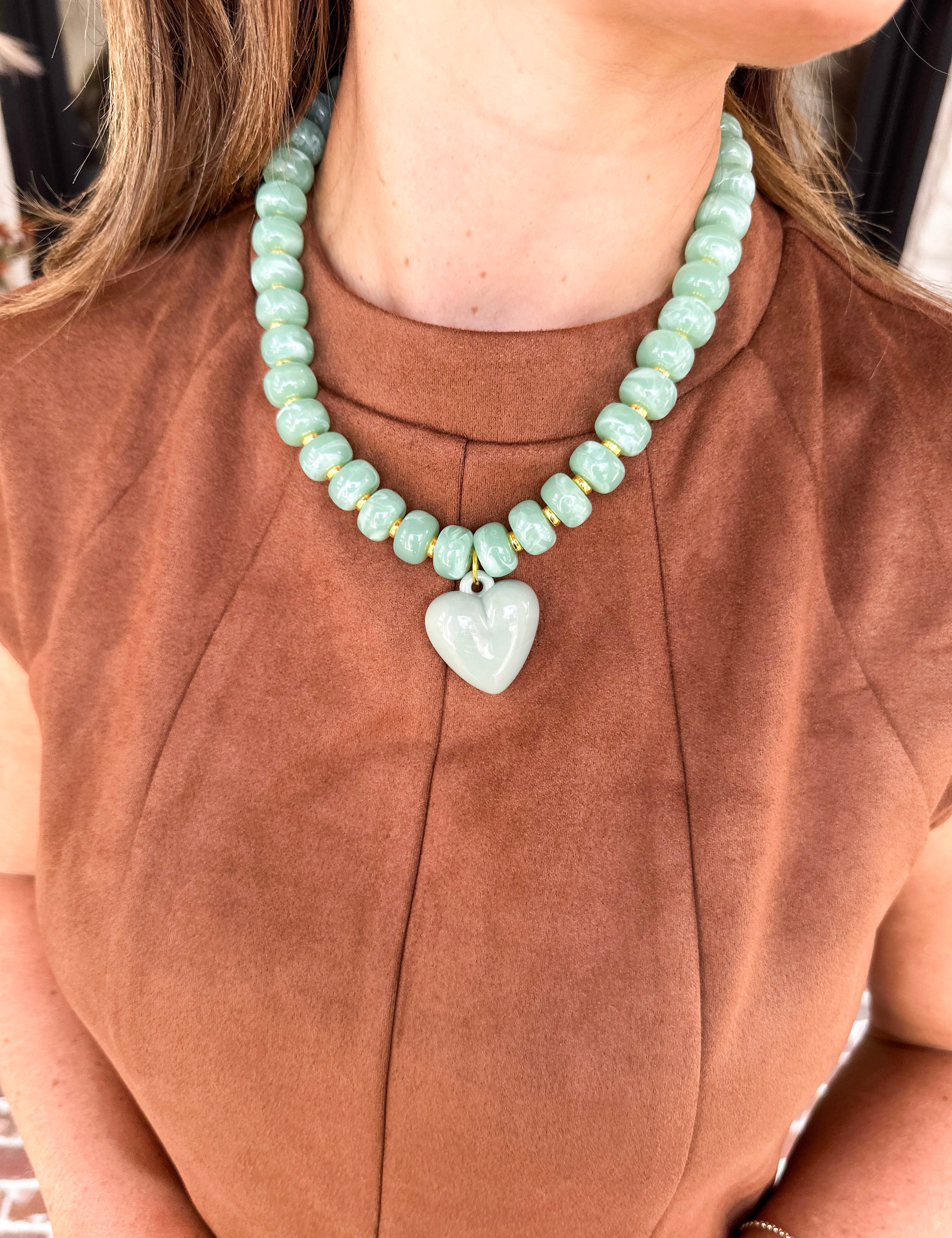 Statement Beaded Heart Necklace - Green-110 Jewelry & Hair-Golden Lily-July & June Women's Fashion Boutique Located in San Antonio, Texas