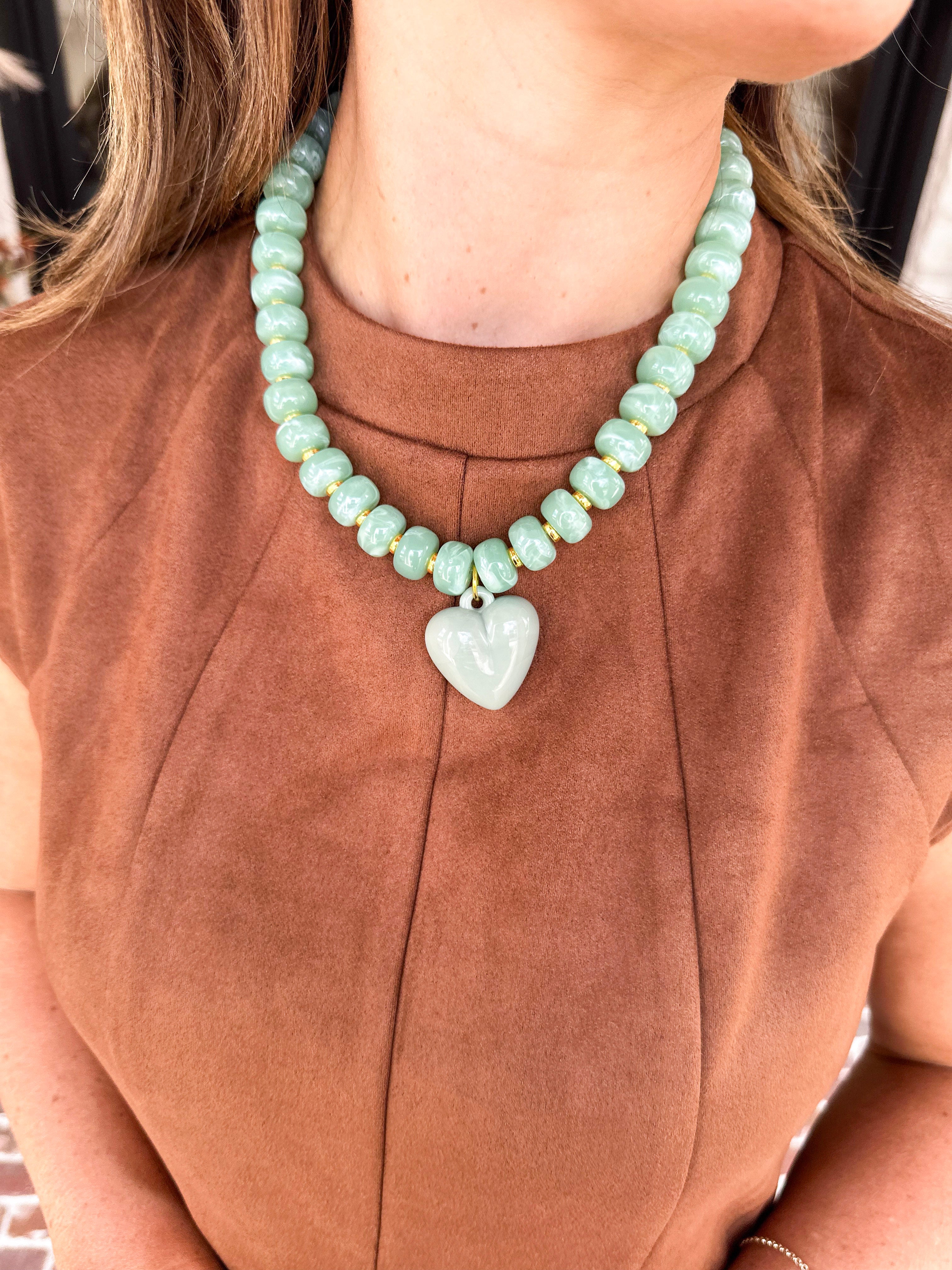 Statement Beaded Heart Necklace - Green-110 Jewelry & Hair-Golden Lily-July & June Women's Fashion Boutique Located in San Antonio, Texas