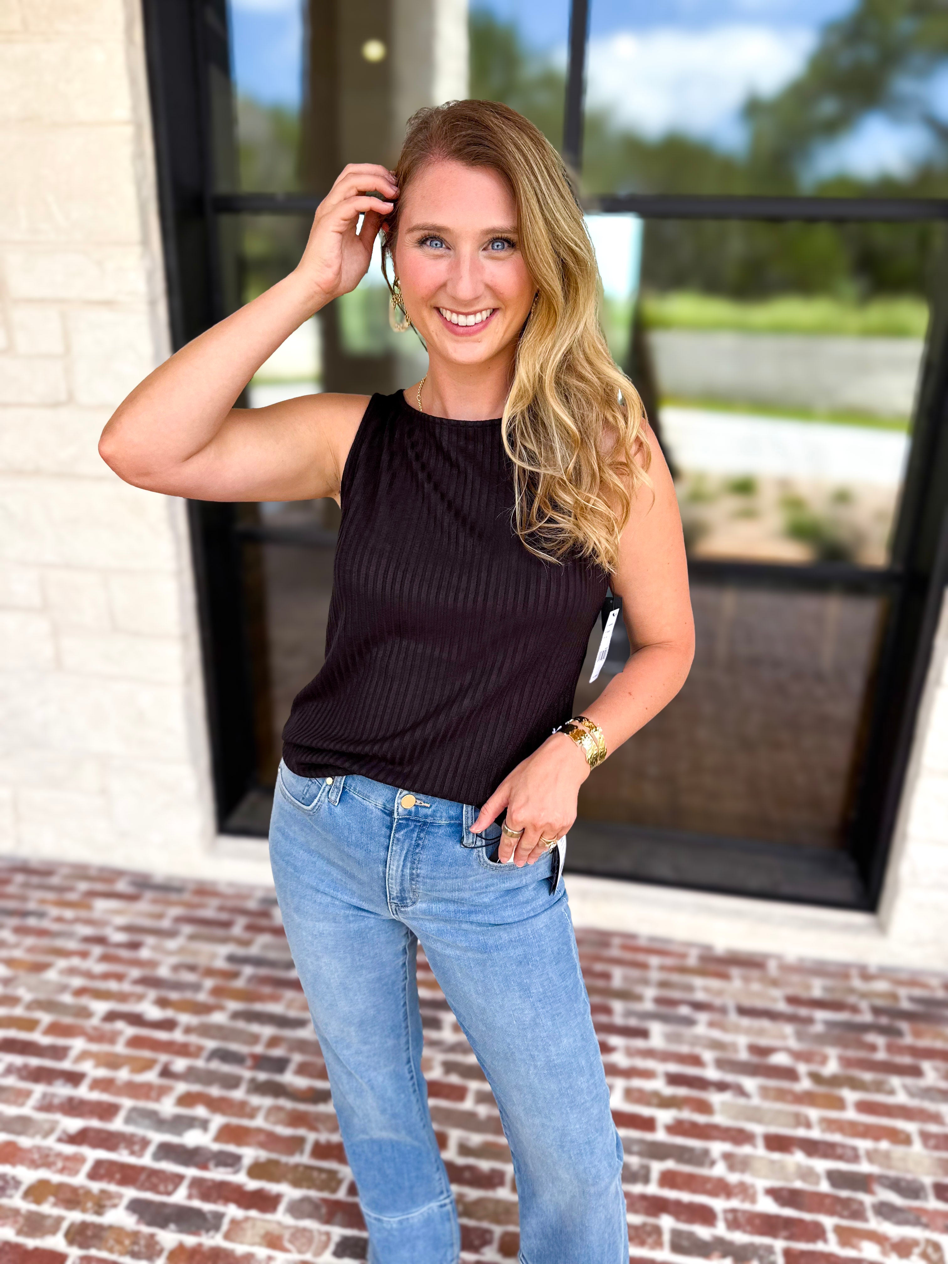 Liverpool - Classic Boatneck Knit Tank - Black-210 Casual Blouses-LIVERPOOL JEANS COMPANY-July & June Women's Fashion Boutique Located in San Antonio, Texas