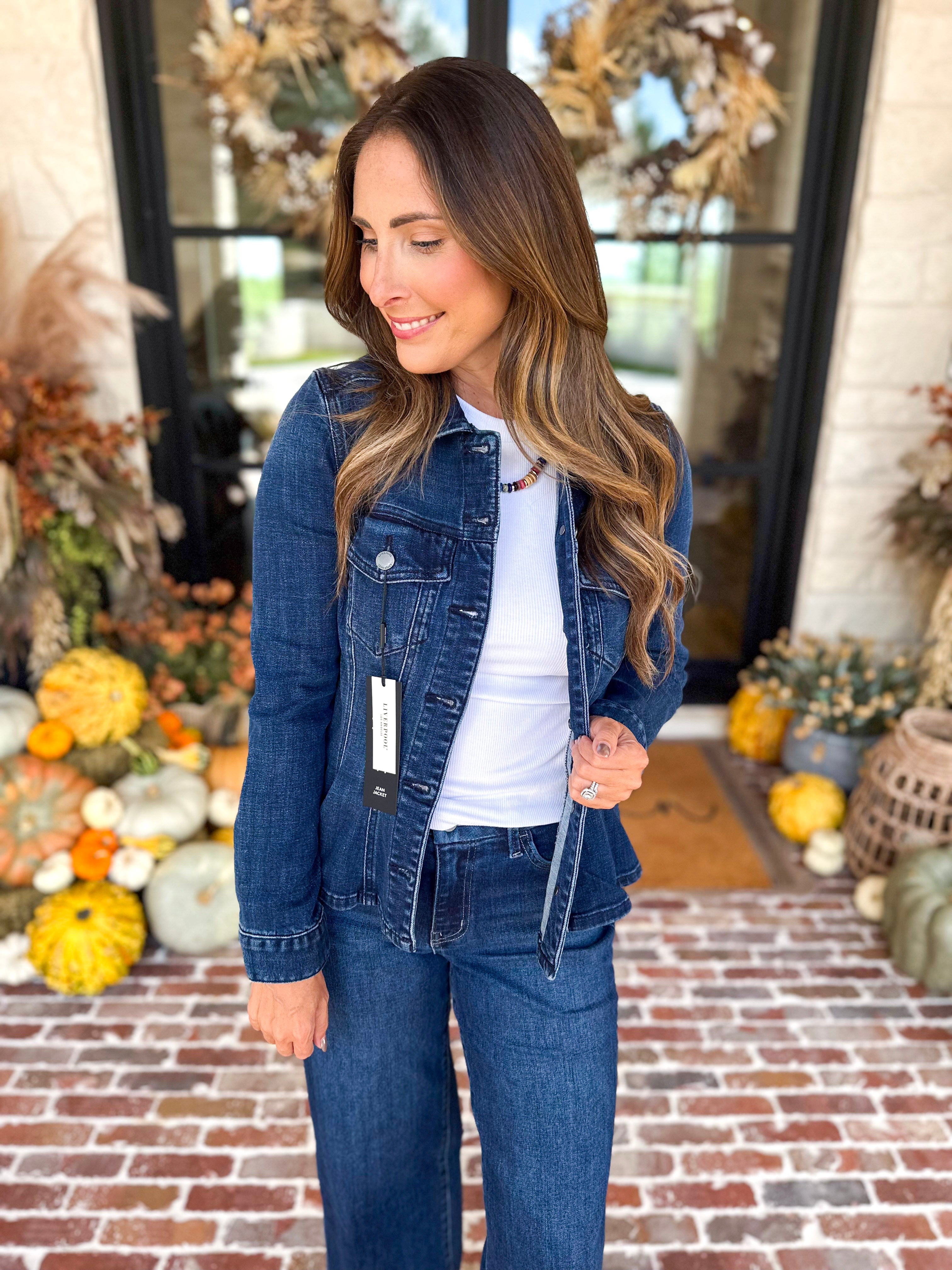 Liverpool - Fit and Flare Denim Jacket-600 Outerwear-LIVERPOOL JEANS COMPANY-July & June Women's Fashion Boutique Located in San Antonio, Texas